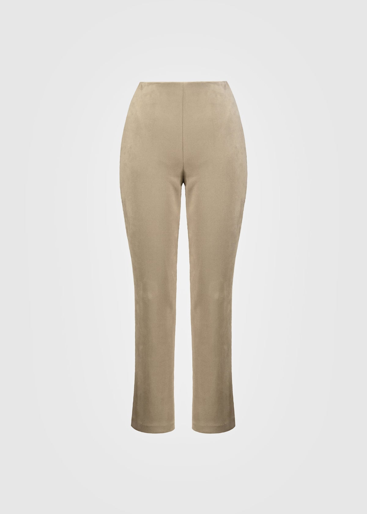 A pair of high-waisted, straight-leg cropped trousers in a light beige or taupe color, shown against a plain light gray background.