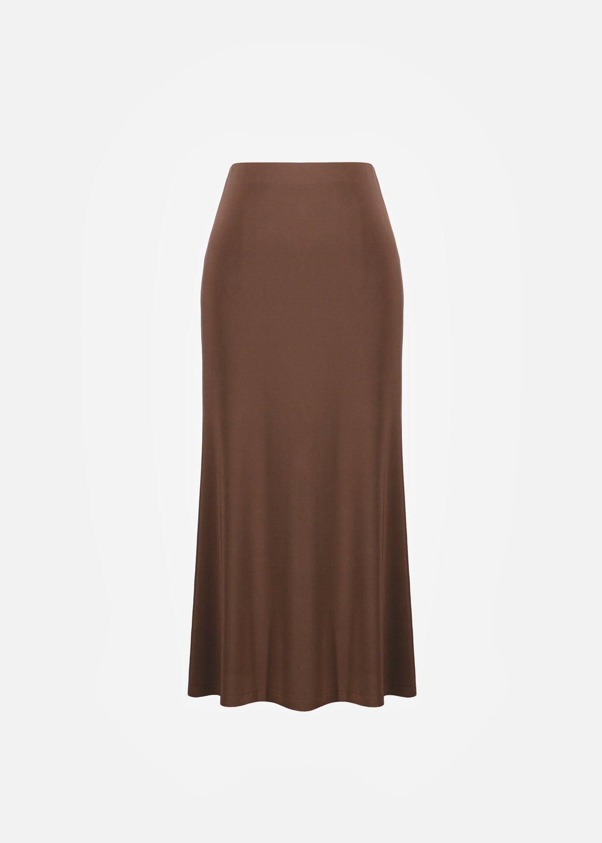 A brown high-waisted midi skirt with a smooth, flowing silhouette, shown against a plain light gray background.