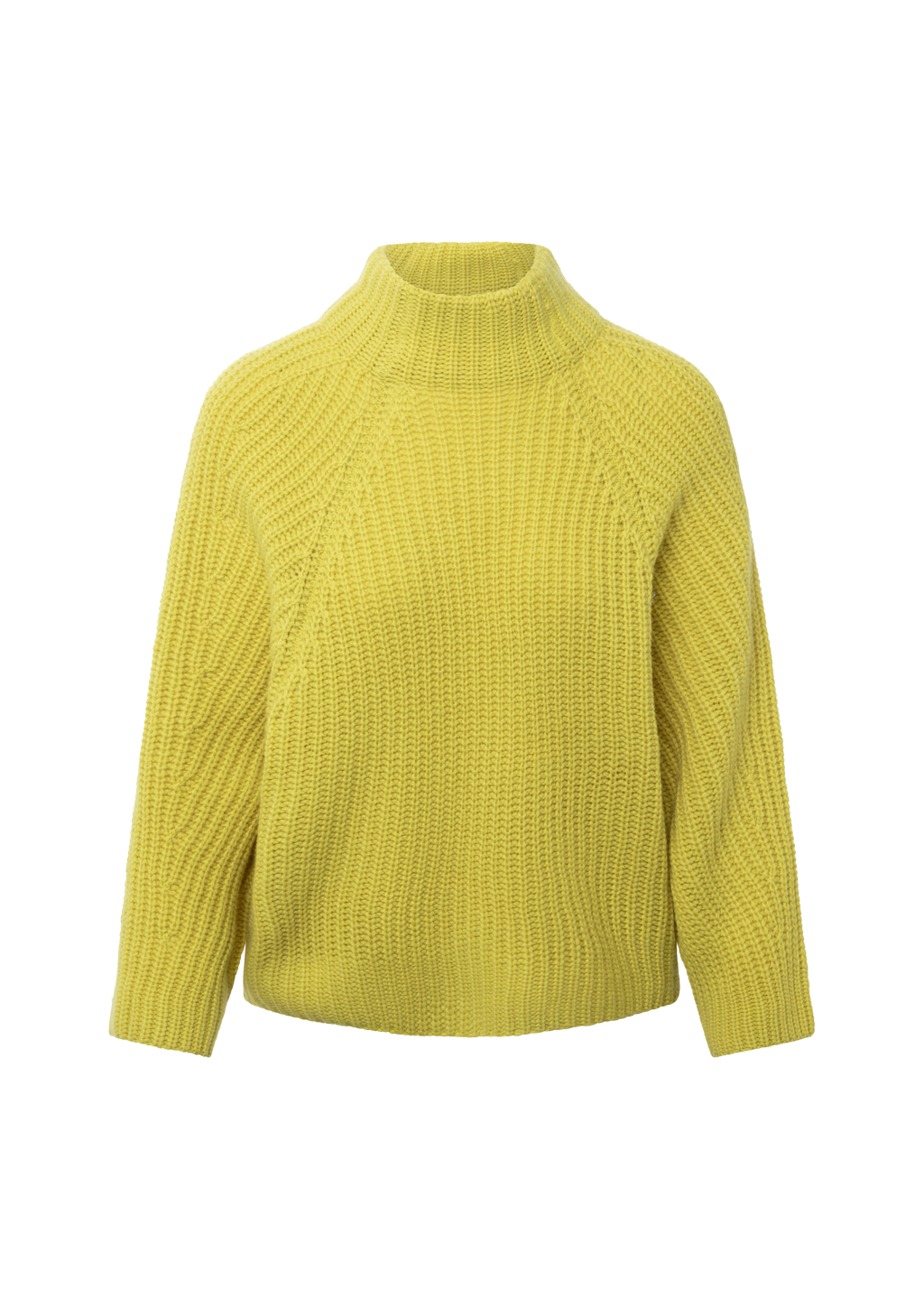 A bright yellow ribbed knit mock neck sweater with raglan sleeves, shown on a plain white background.