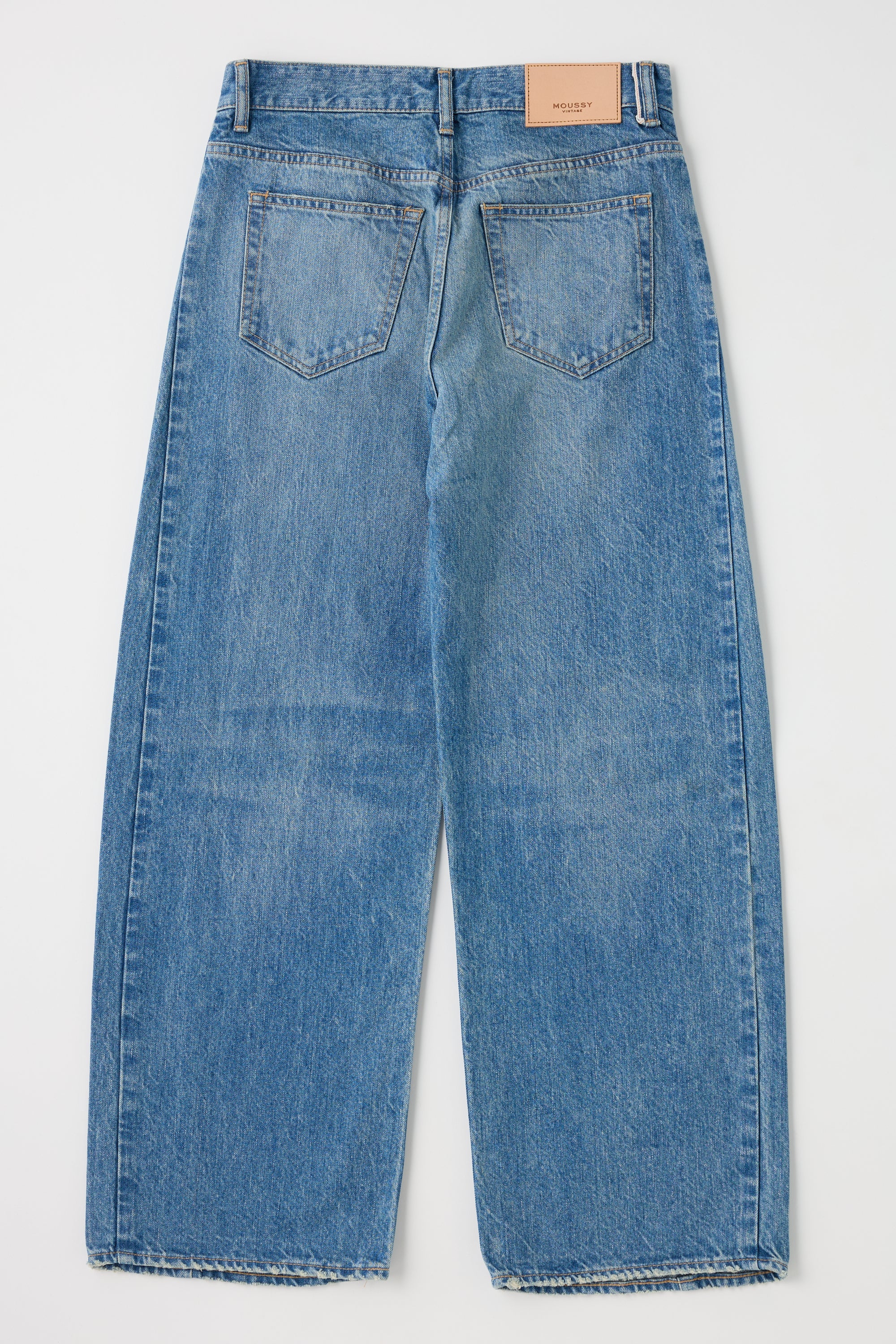 Back of Moussy Vintage Bayard Side Line Cocoon Blue jeans on a white background