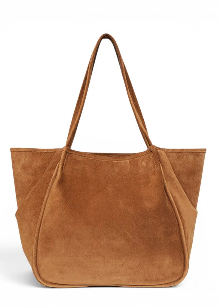 A tan suede tote bag with two shoulder straps, photographed against a clean white background.