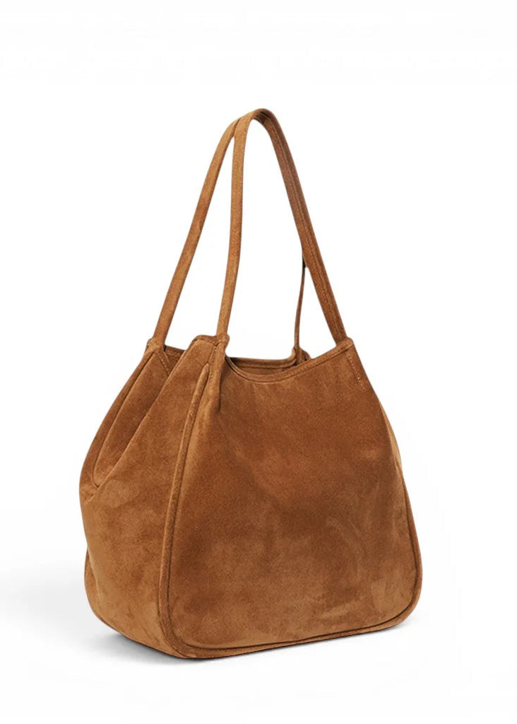 A medium brown suede shoulder bag with dual shoulder straps, shown from a three-quarter angle on a clean white background.