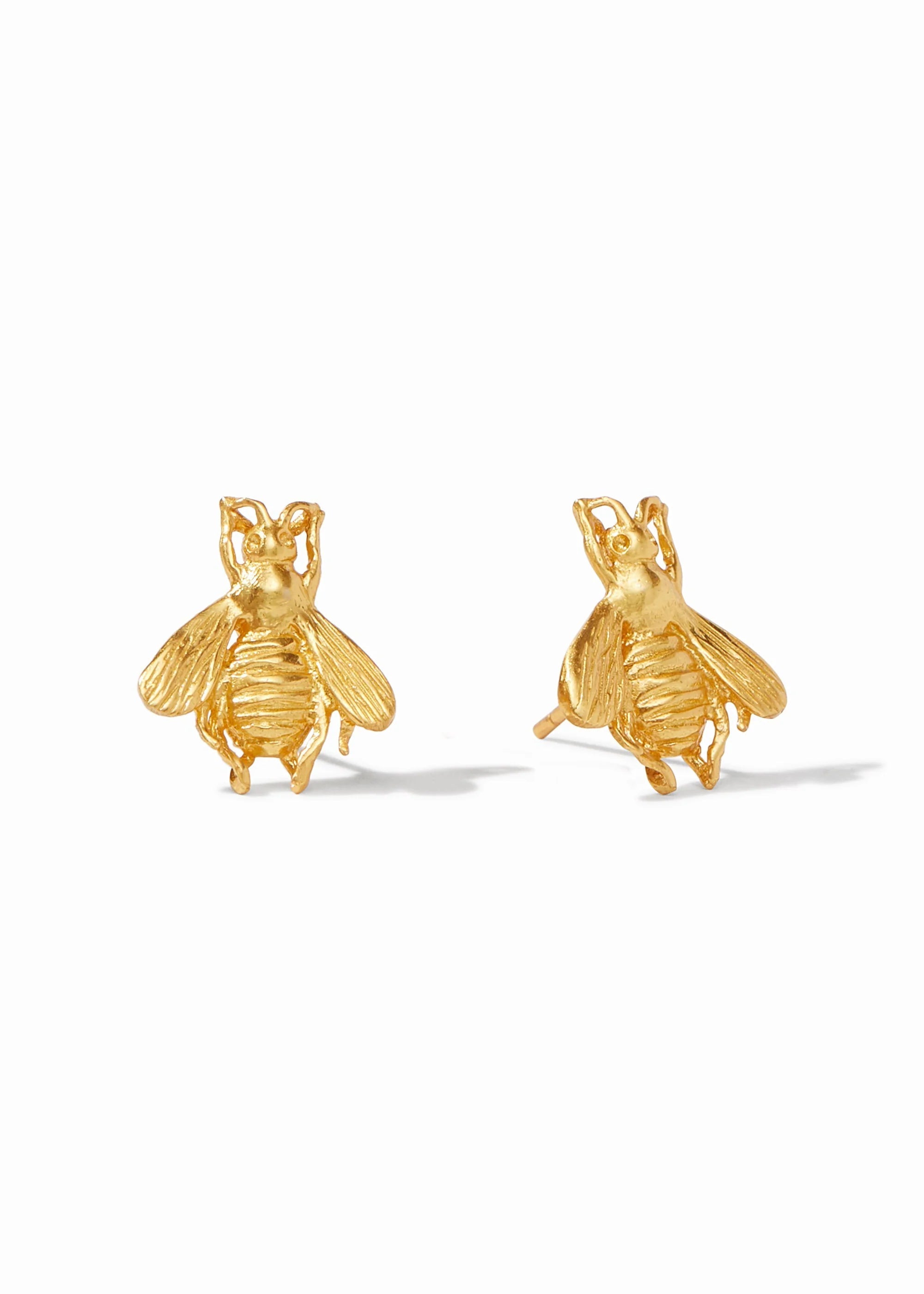 Gold bee-shaped earrings on a white background