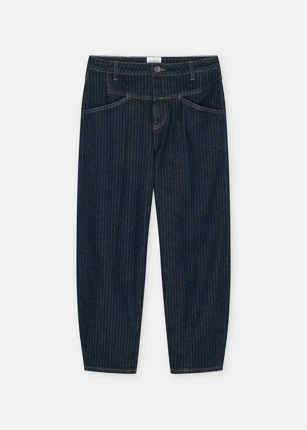 Dark navy blue pinstriped denim jeans shown flat against a light gray background.