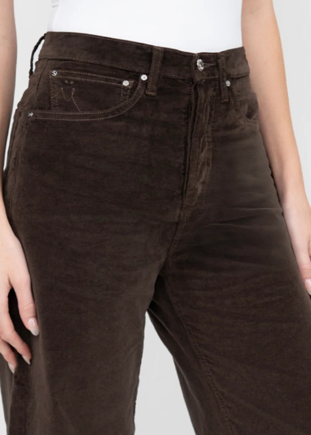A close-up of a person wearing dark brown corduroy pants, showing the front pockets, waistband, and hands against a light gray background.