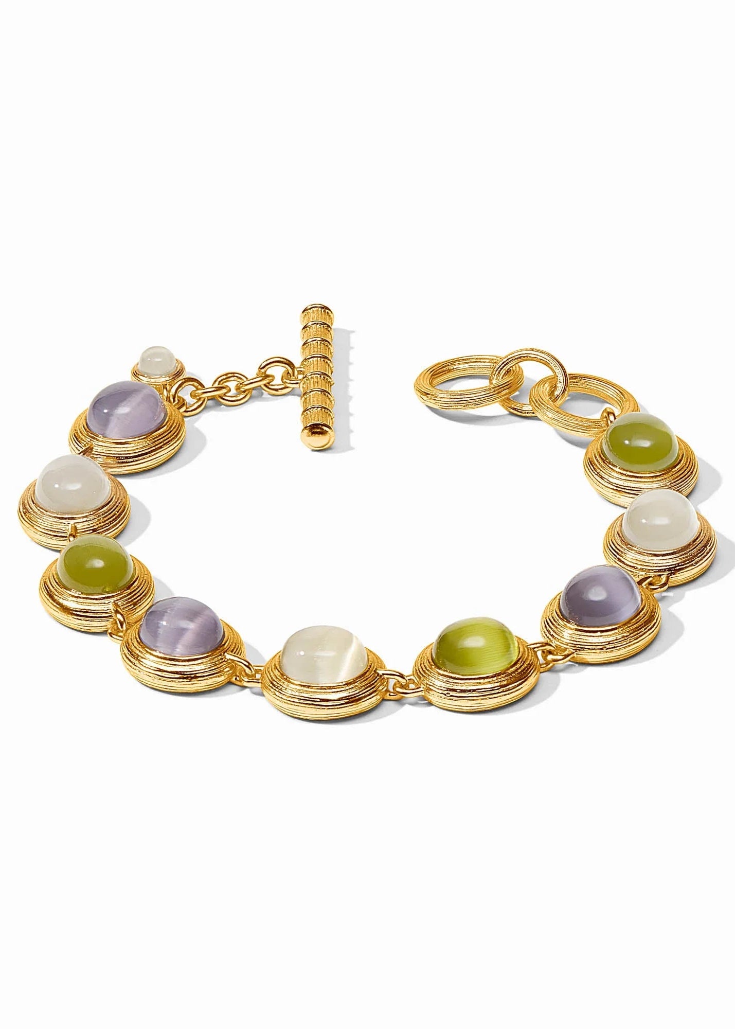 Gold bracelet with multicolored gemstones on a white background