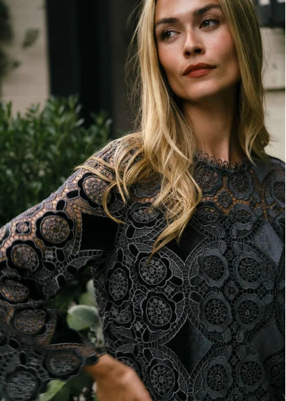 A woman wearing a black long-sleeve top with intricate circular lace and crochet patterns, photographed outdoors with blurred greenery in the background.
