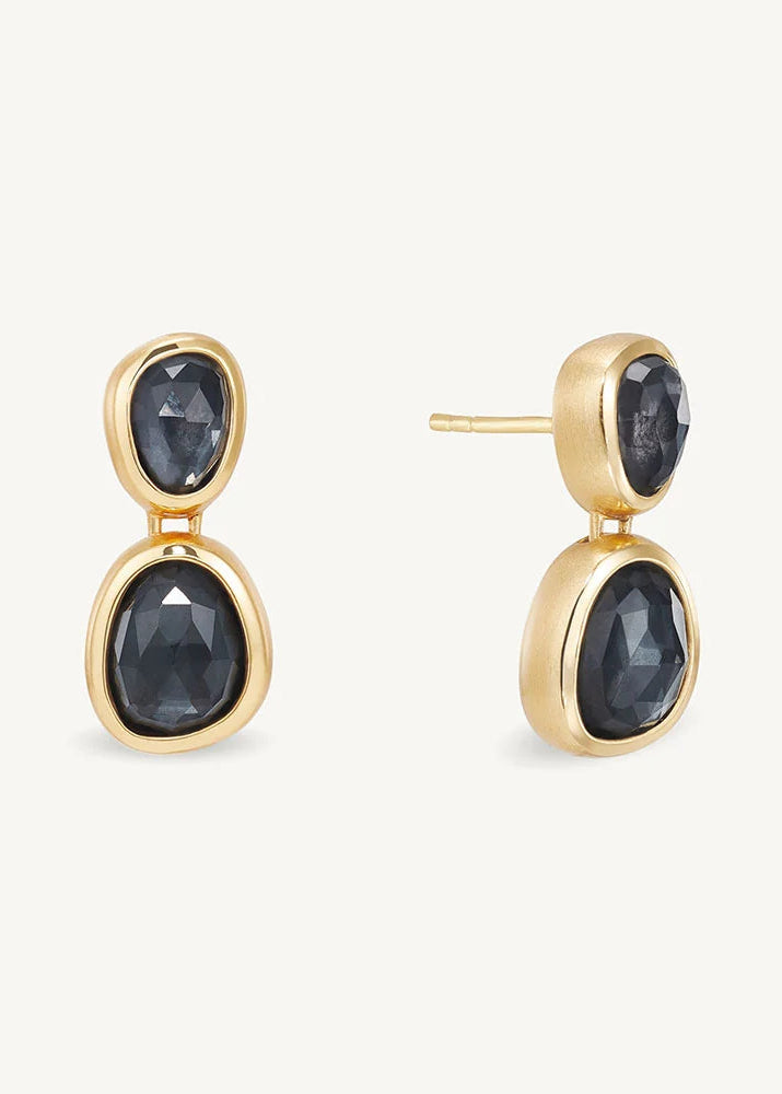 A pair of gold drop earrings with faceted dark gray gemstones, shown on a clean off-white background. One earring is facing forward, displaying its post and the larger stone, while the other is angled to show the side profile.