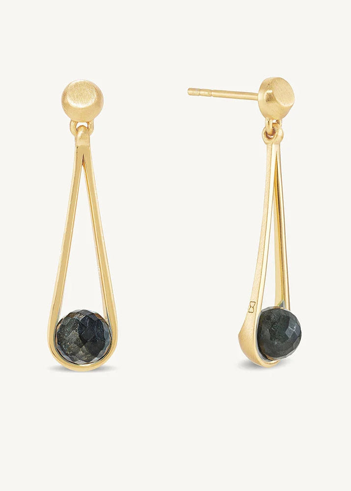 Gold earrings with black stones on a white background