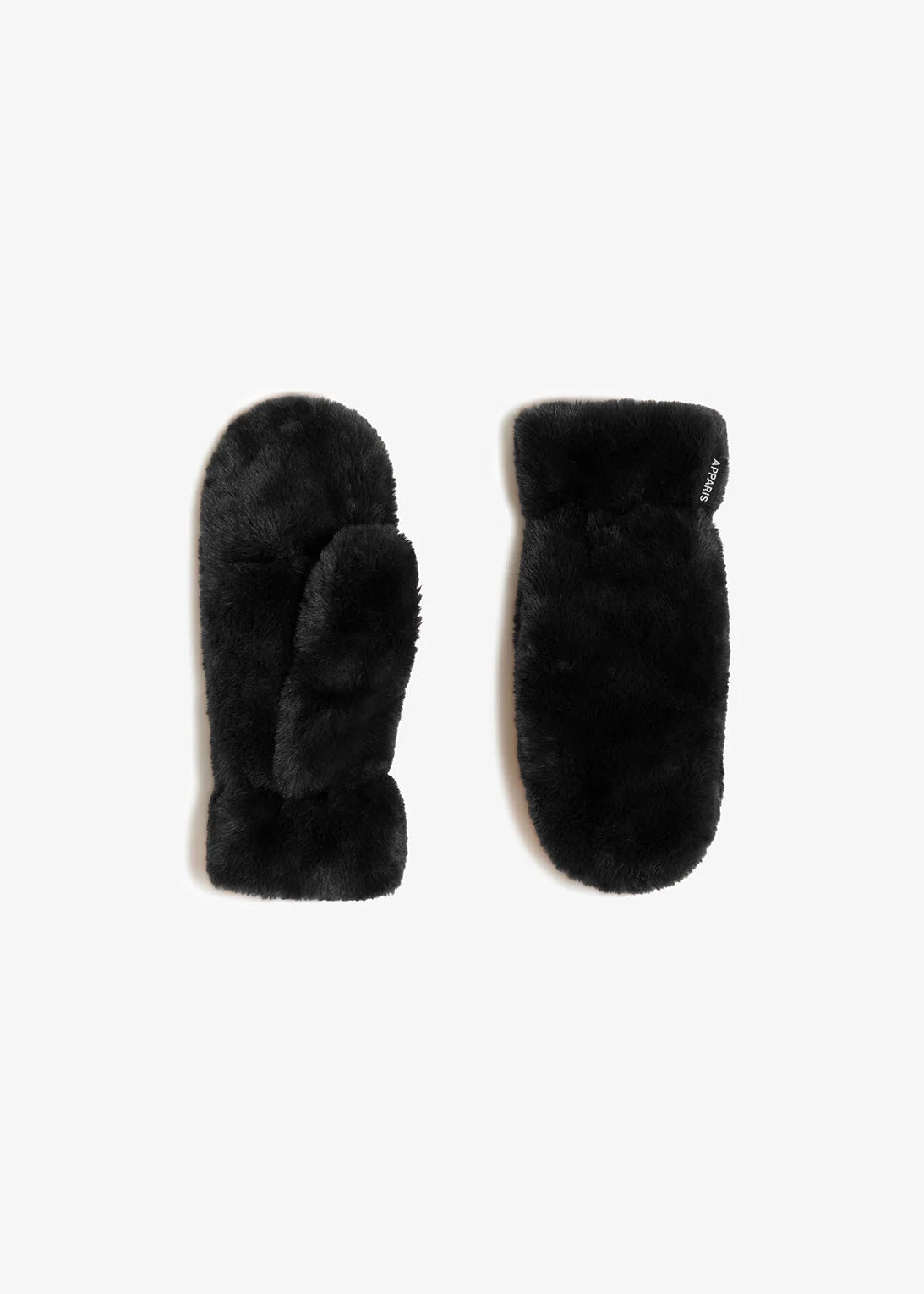 A pair of black faux fur mittens shown flat against a clean white background.