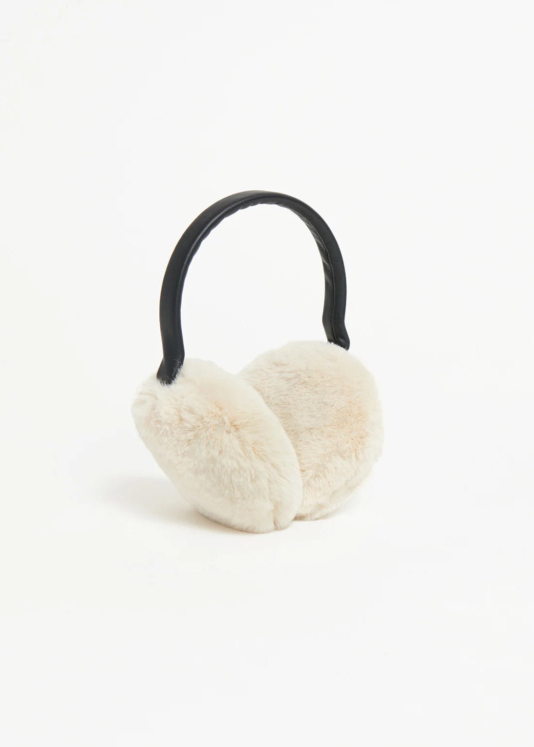 Fuzzy off-white earmuffs with a black headband, photographed on a clean white background.