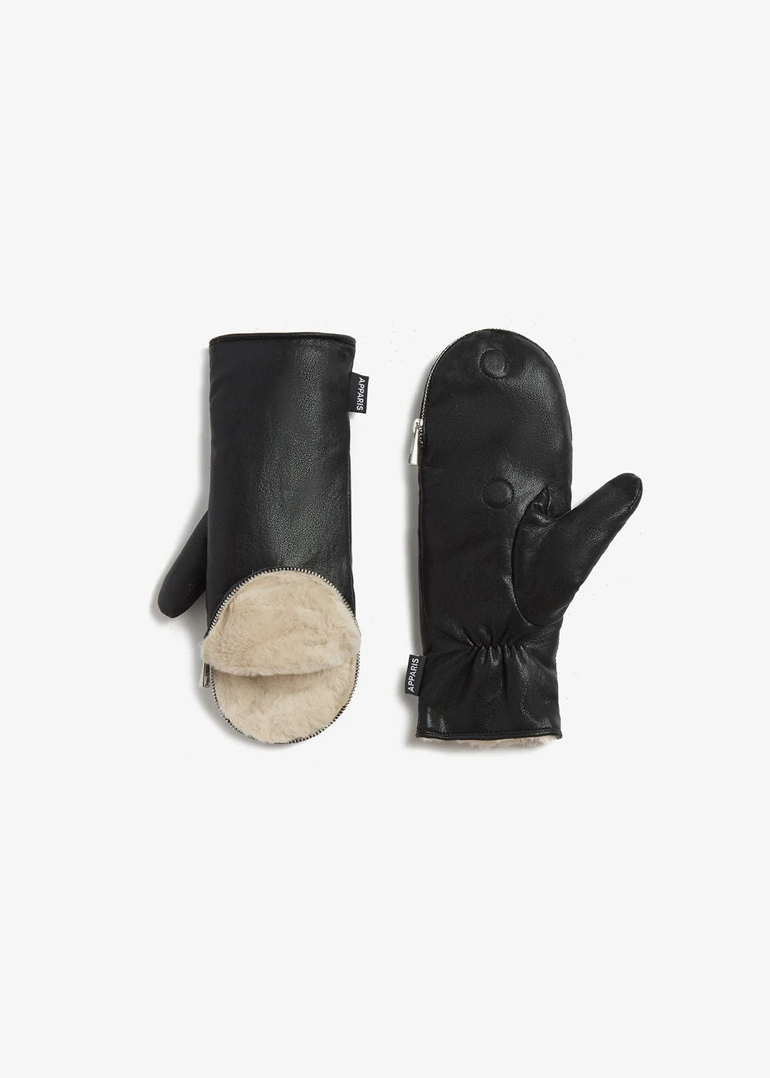 A pair of black leather mittens shown flat against a light gray background, displaying both the exterior black leather and the beige shearling lining.