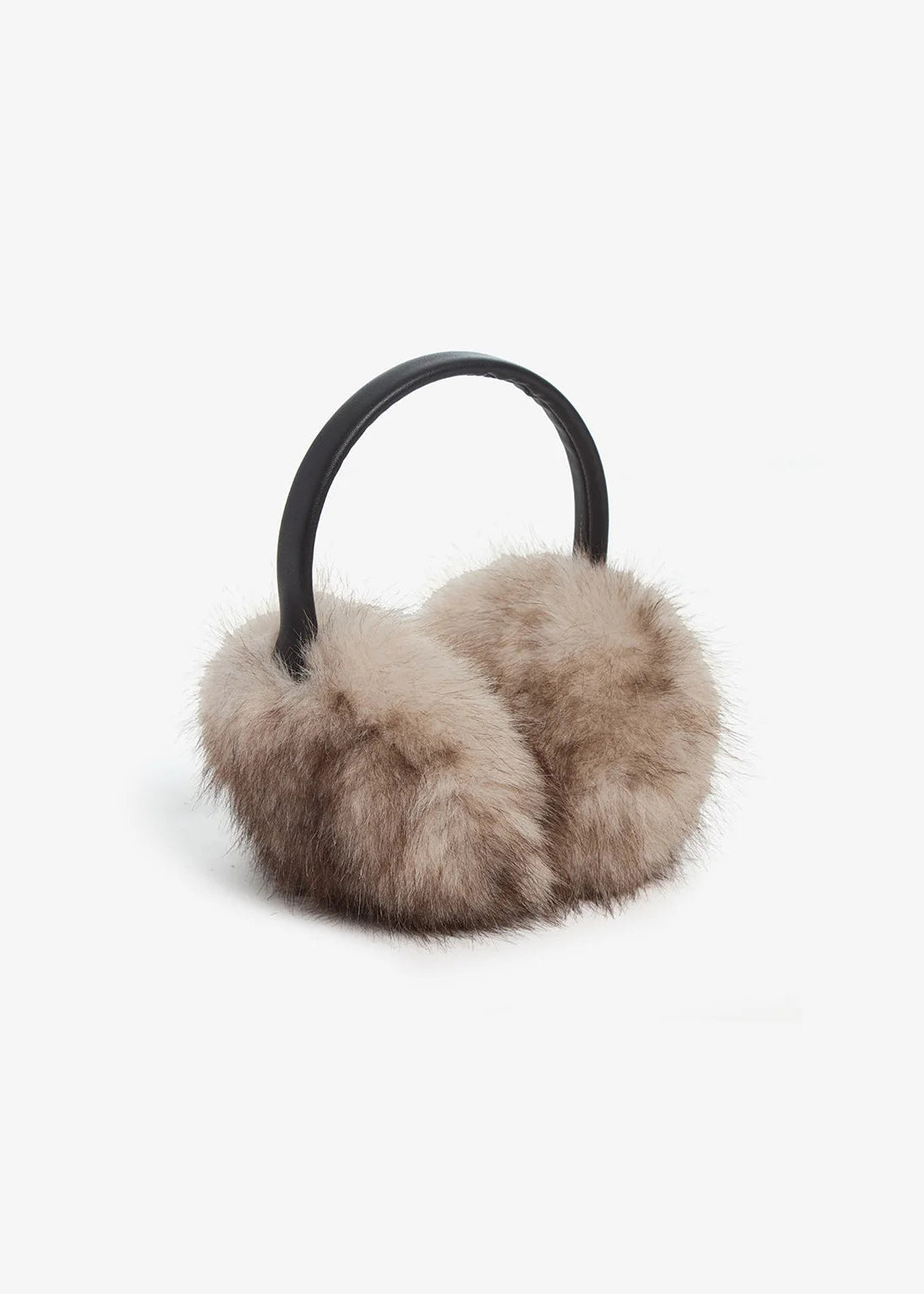 Furry winter earmuffs with soft beige-brown faux fur ear cups and a black curved headband, shown on a clean white background.