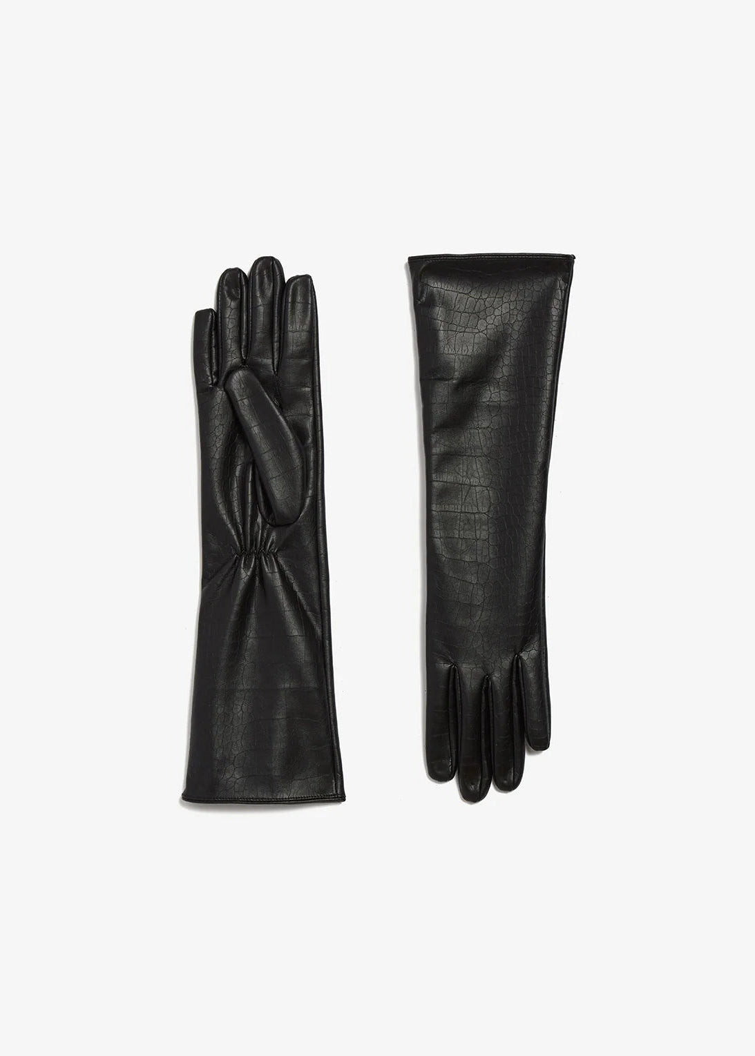 A pair of long black leather gloves, one showing the back of the hand with a gathered cuff and the other showing the palm side with five fingers, displayed on a clean white background.