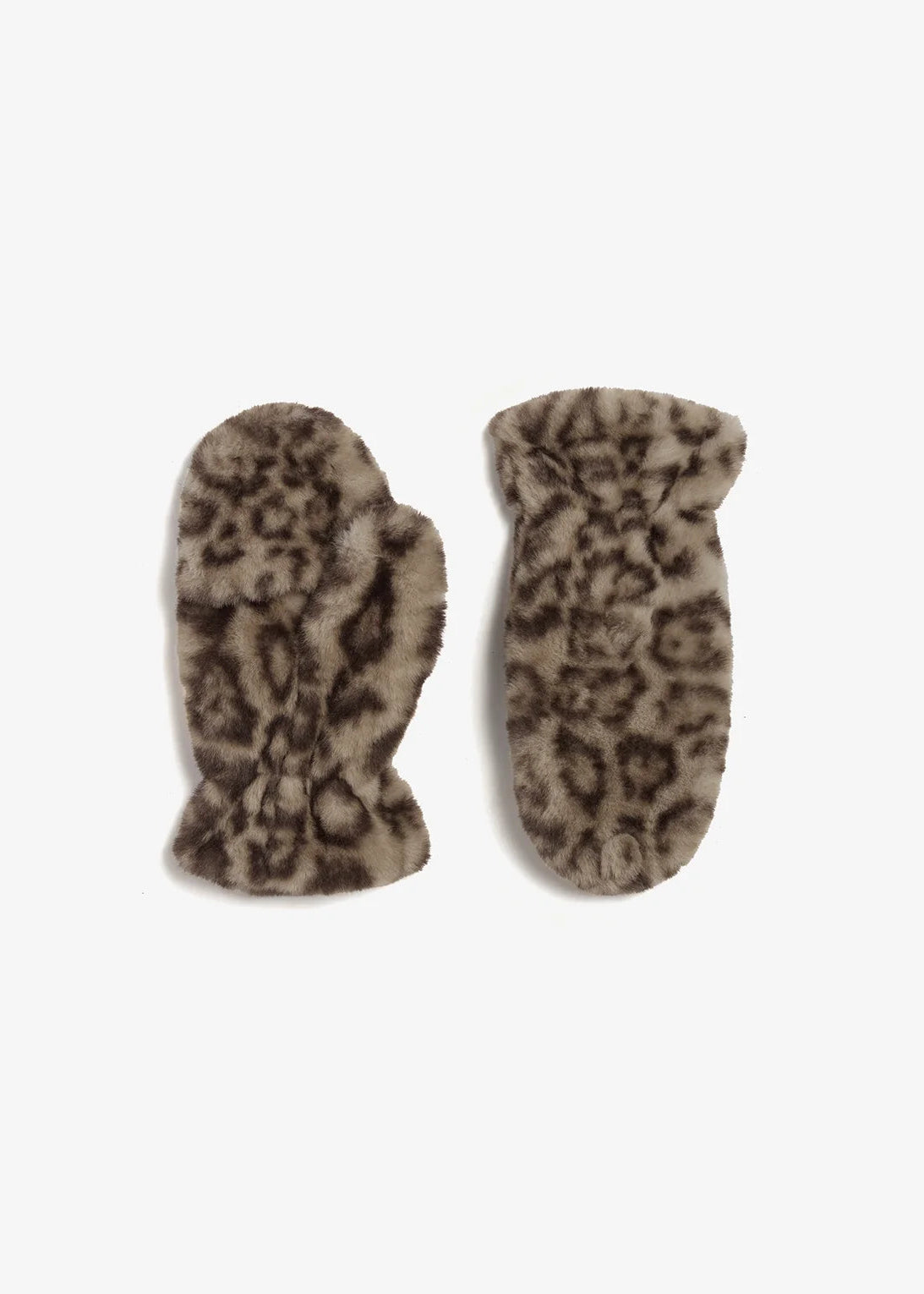 A pair of faux fur mittens with a brown and beige leopard print pattern, displayed flat against a light gray background.