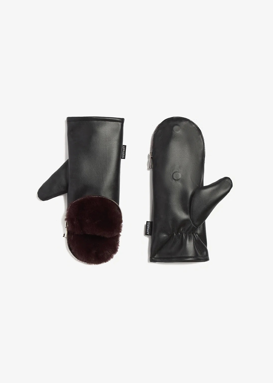 Pair of black leather mittens with fur cuffs on a white background