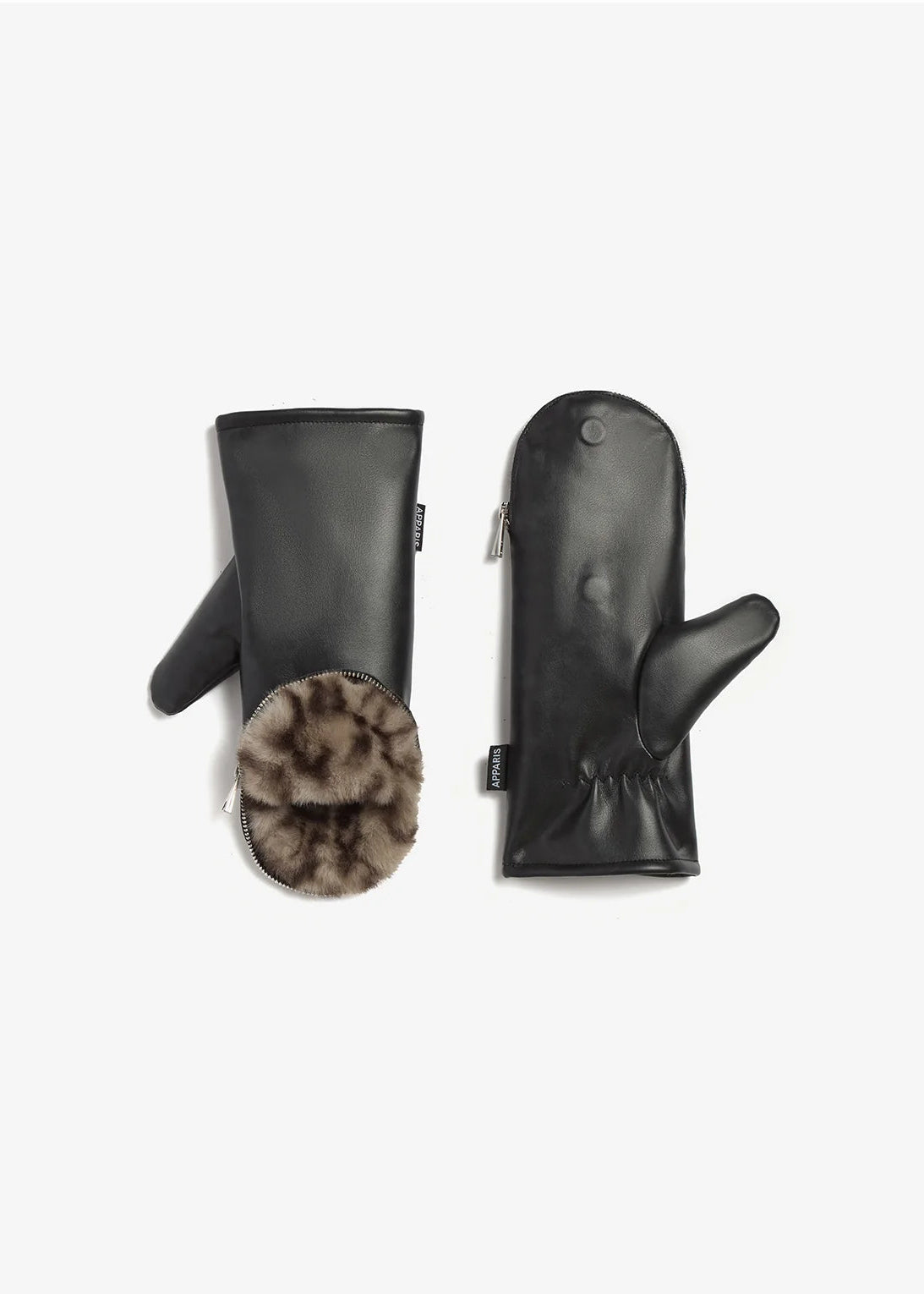 A pair of black leather winter mittens shown flat against a light gray background, with one mitten displaying a brown and gray faux-fur cuff.