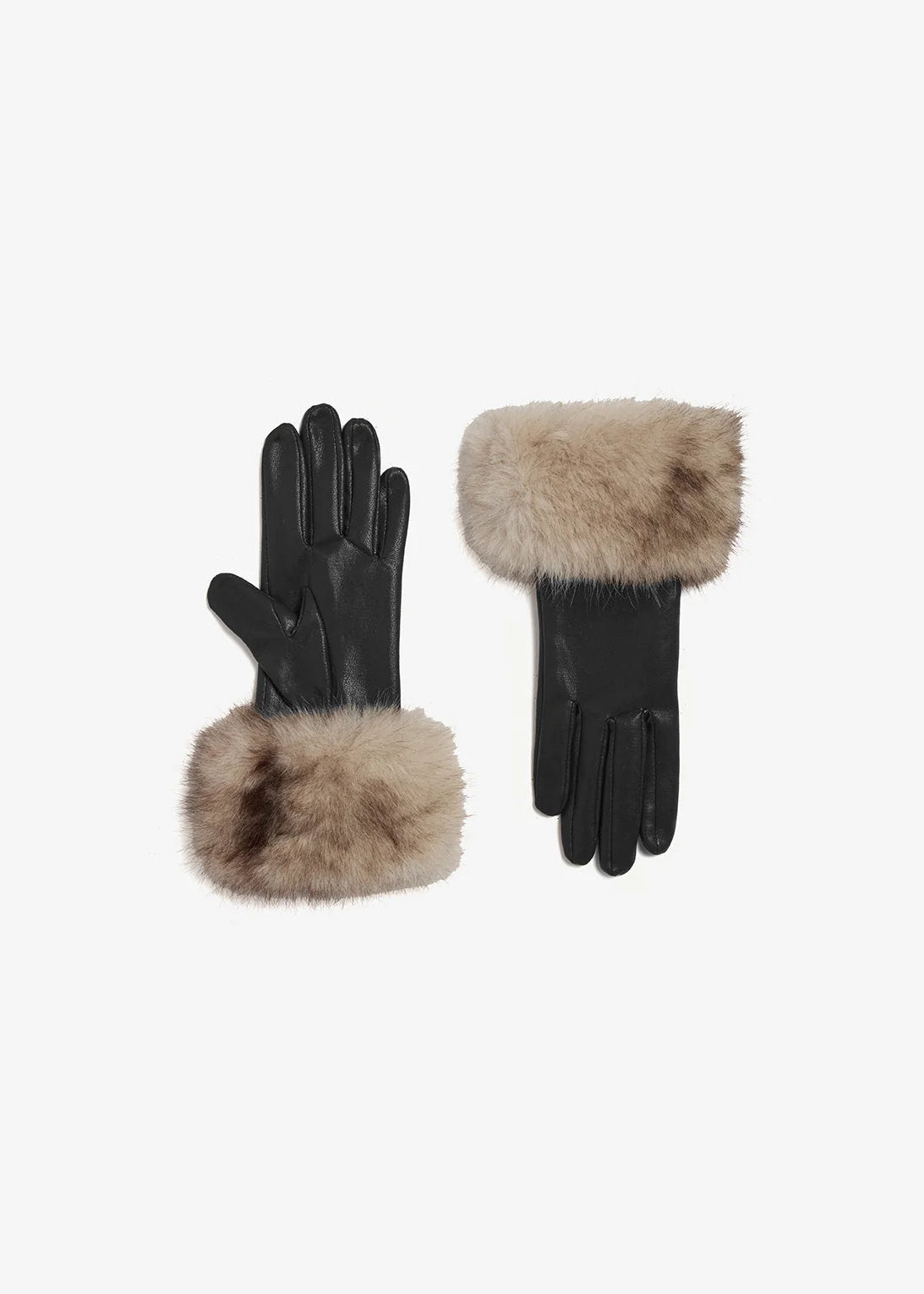 A pair of black leather gloves with fluffy beige fur trim on the cuffs, displayed against a plain light gray background.