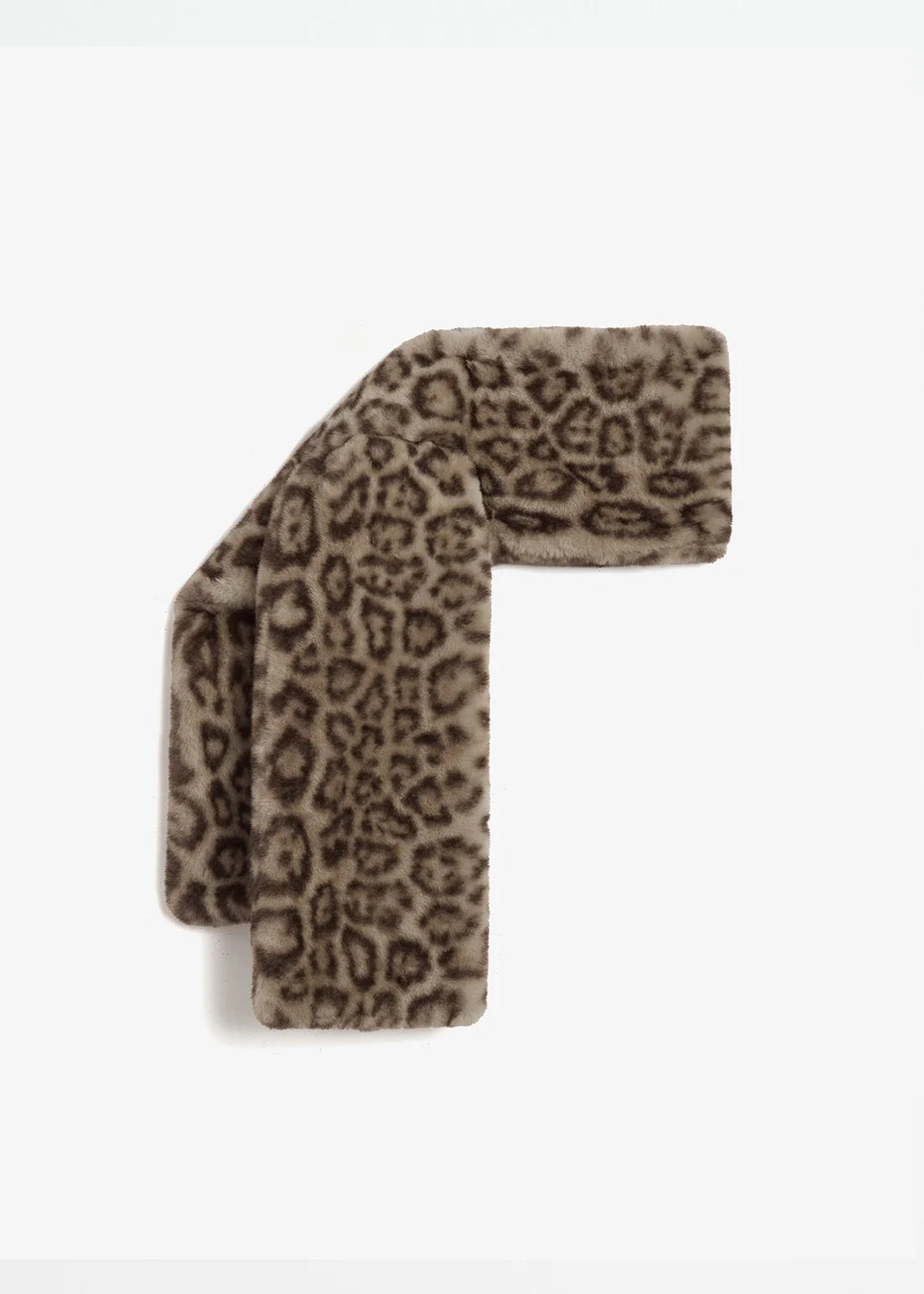 A plush faux fur scarf with a brown and beige leopard print pattern, folded on a clean white background.