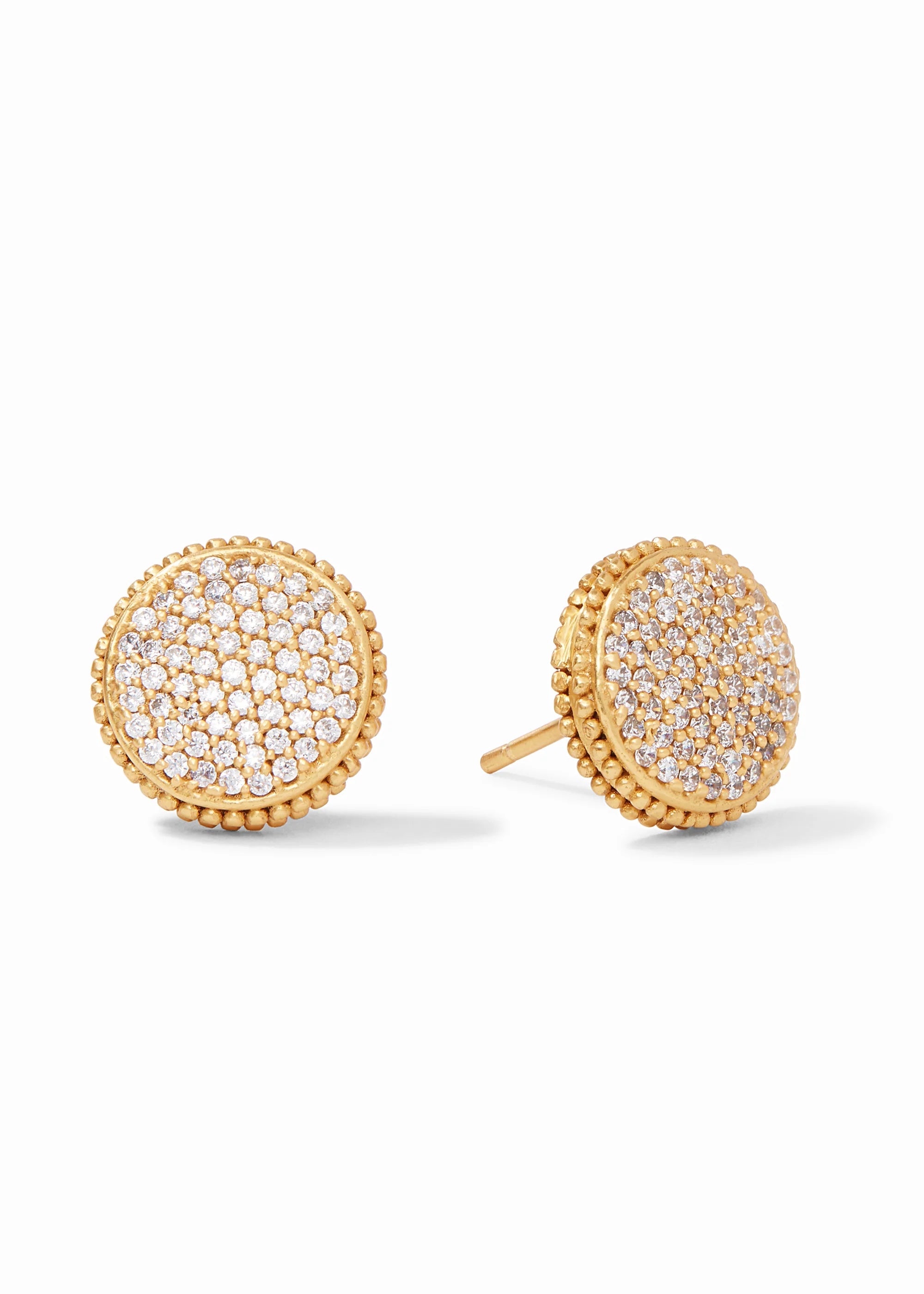 Gold earrings with diamond accents on a white background