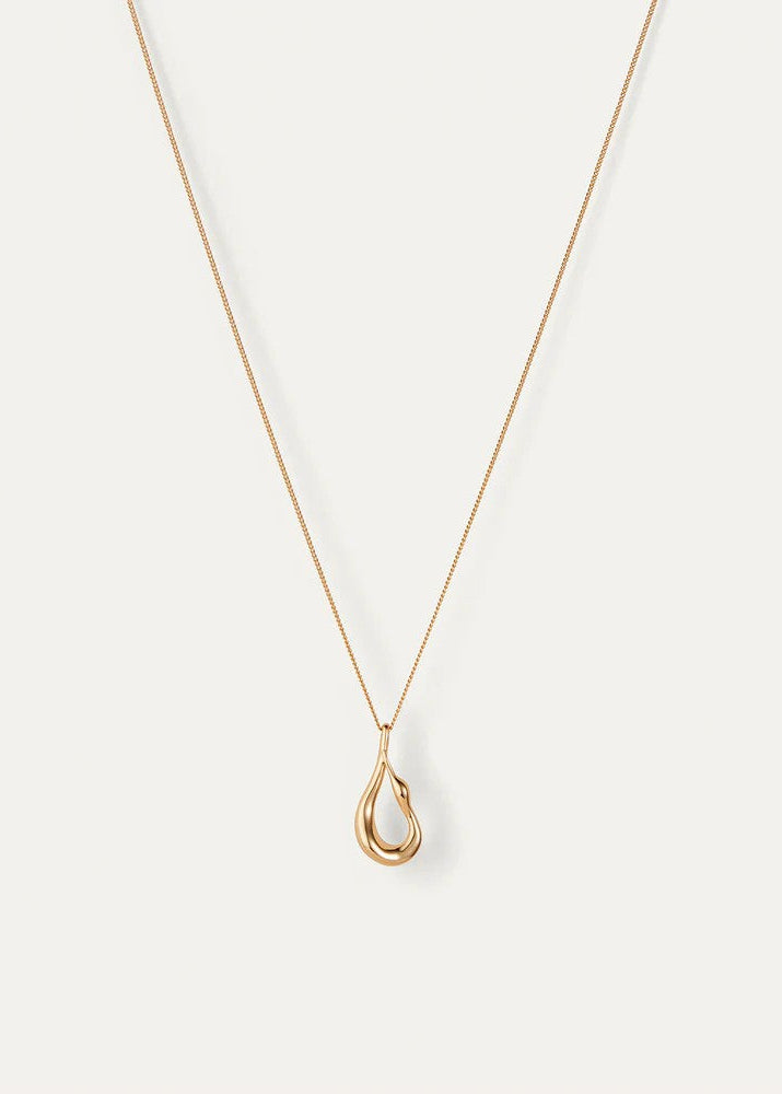 A delicate gold chain necklace with a small, open teardrop-shaped pendant, displayed against a solid off-white background.