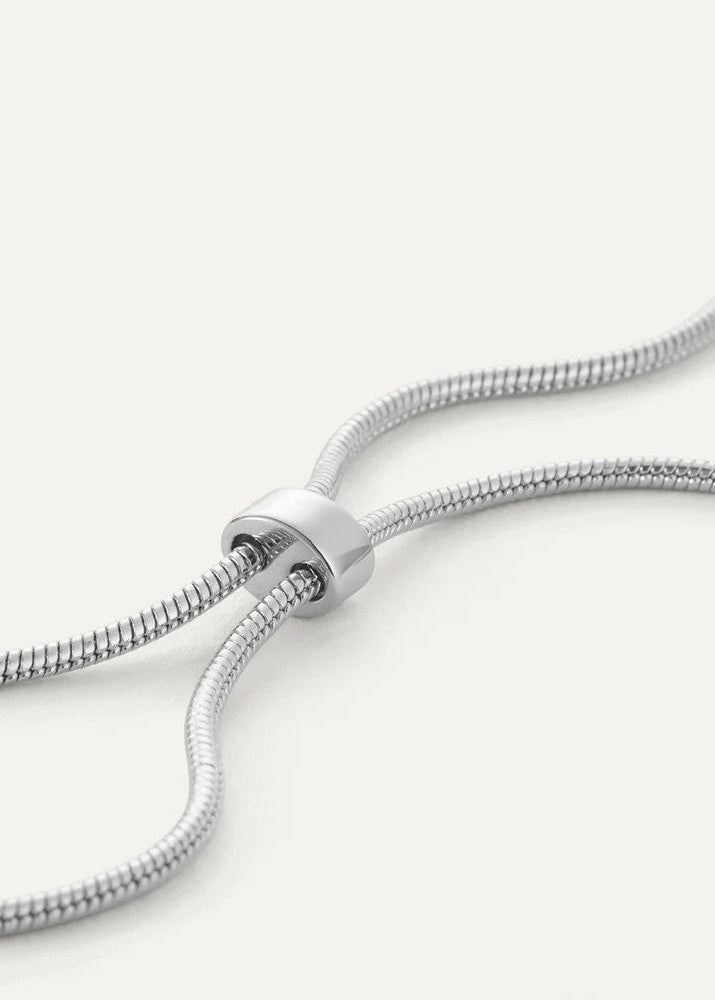 Close-up of a silver snake chain necklace on a light gray background
