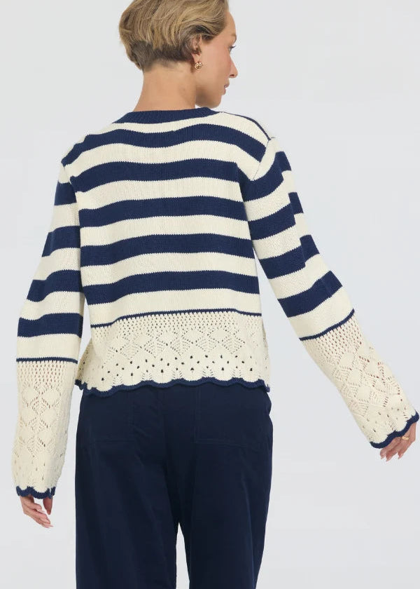 A woman shown from the back wearing a navy and cream striped knit sweater with textured lace sleeves and a scalloped hem, paired with navy pants, against a light gray studio background.