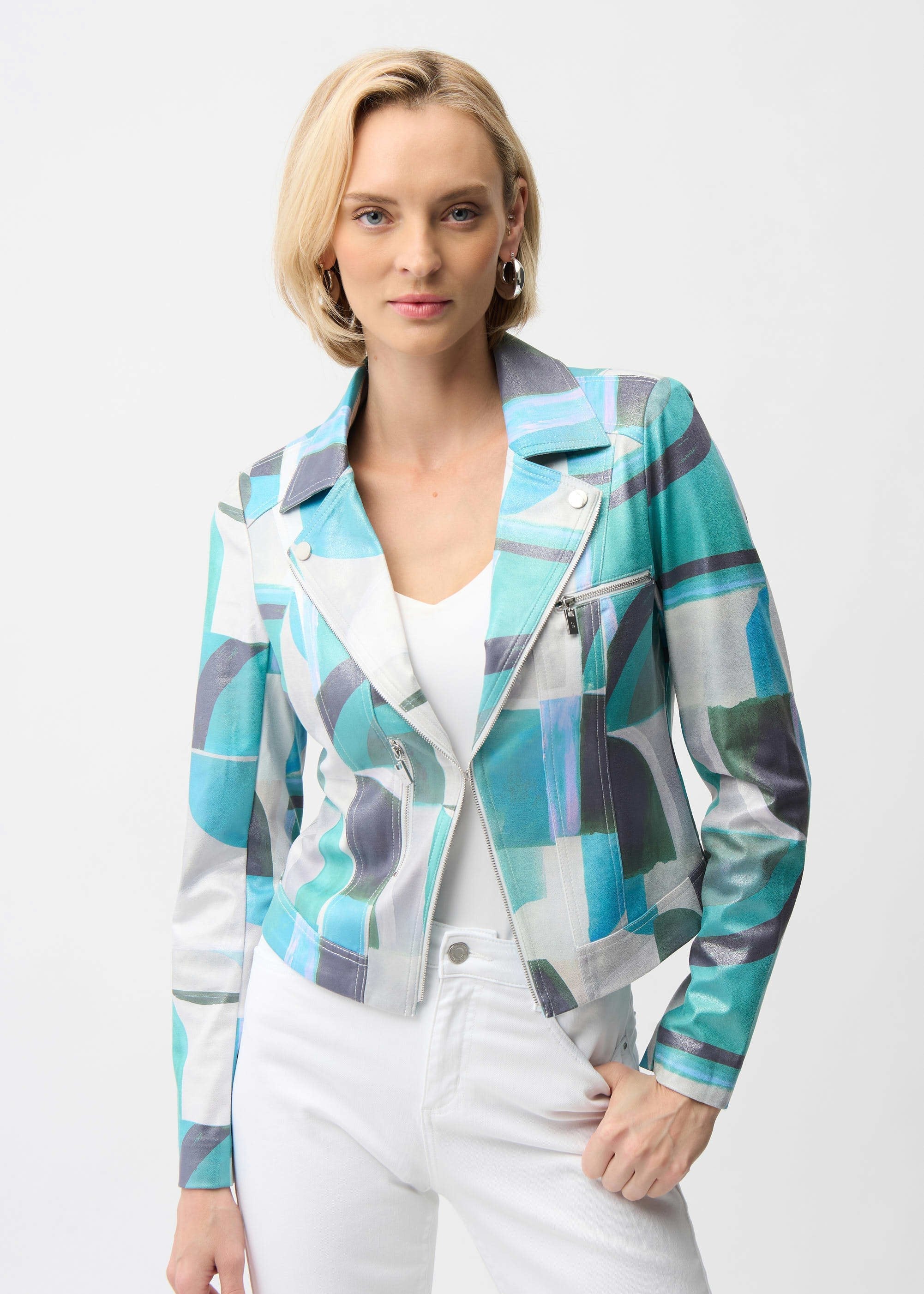 Foiled Faux Suede Geometric Print Fitted Jacket