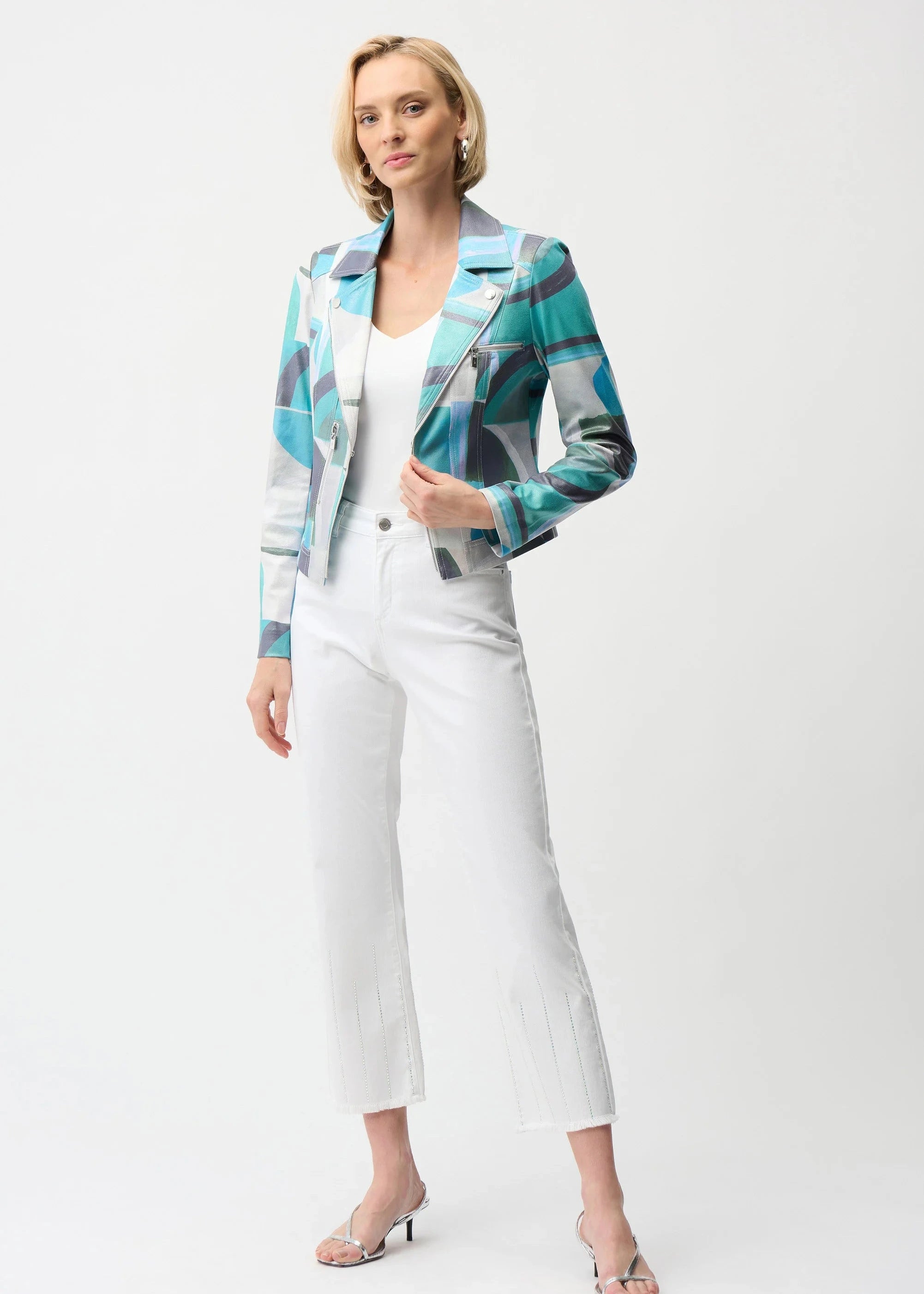 Foiled Faux Suede Geometric Print Fitted Jacket