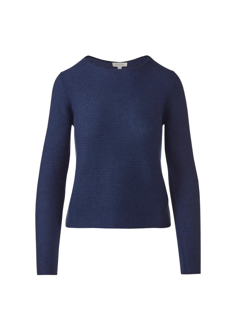 A navy blue long-sleeve knit sweater with a crew neck, displayed on a clean white background.