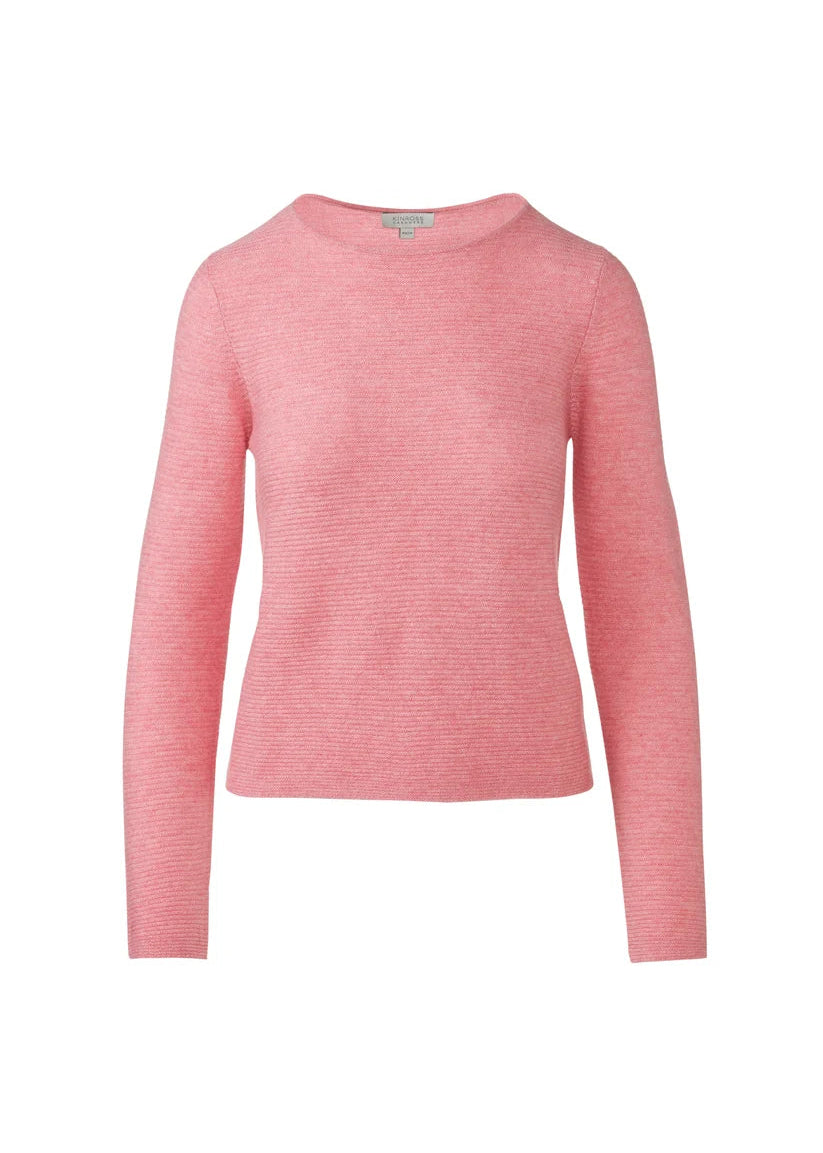 A pink long-sleeve knit sweater with a crew neck, displayed on a clean white background.