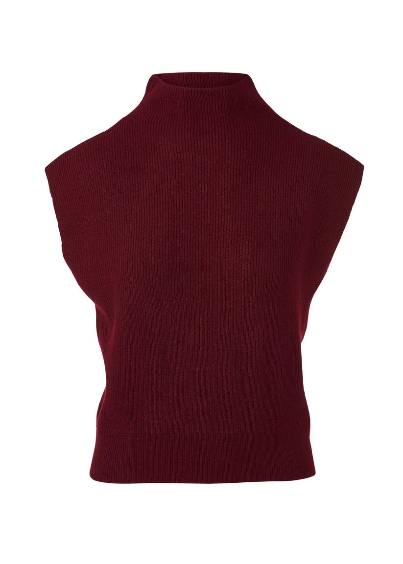 A sleeveless ribbed knit mock neck sweater vest in deep burgundy, shown against a plain white background.