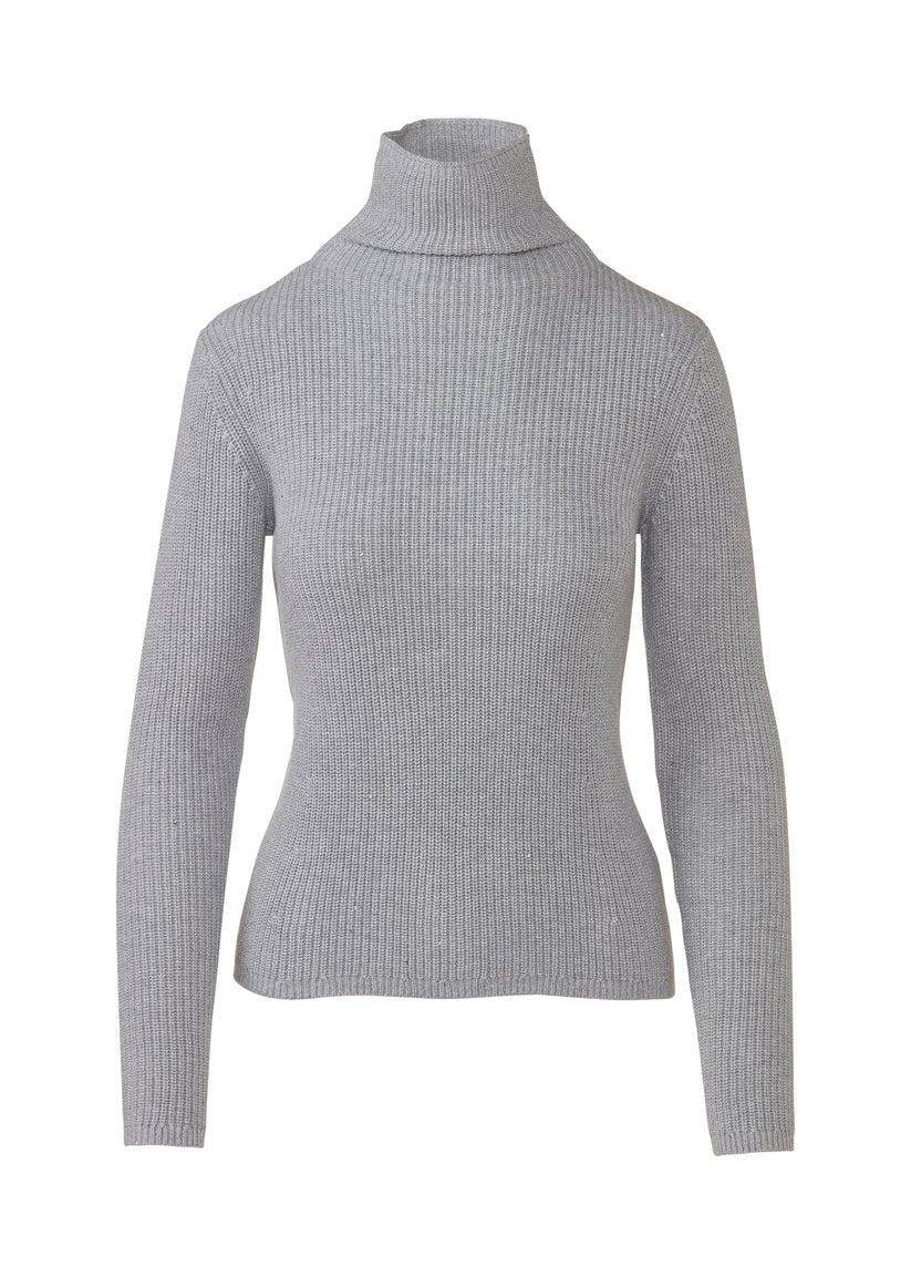 A light gray ribbed knit turtleneck sweater displayed on an invisible mannequin against a plain white background.