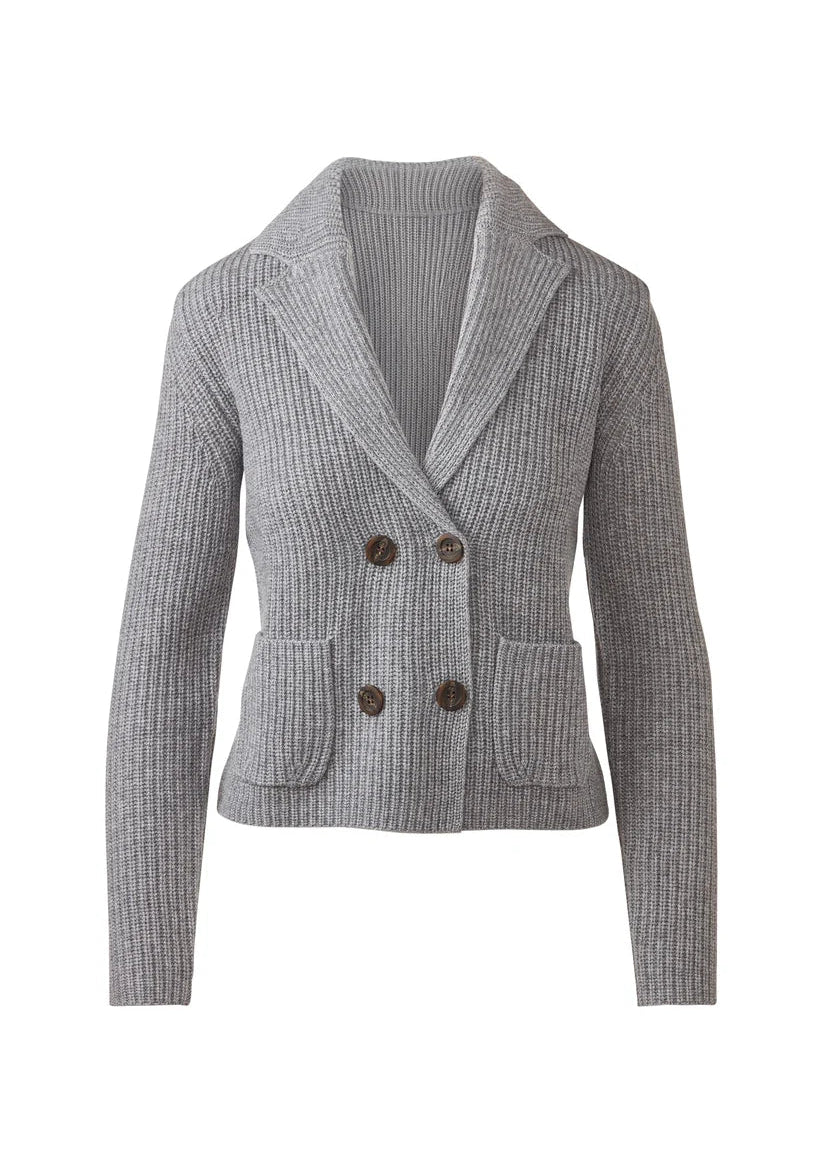 A light gray ribbed knit double-breasted blazer with notched lapels and dark brown buttons, shown on a plain white background.