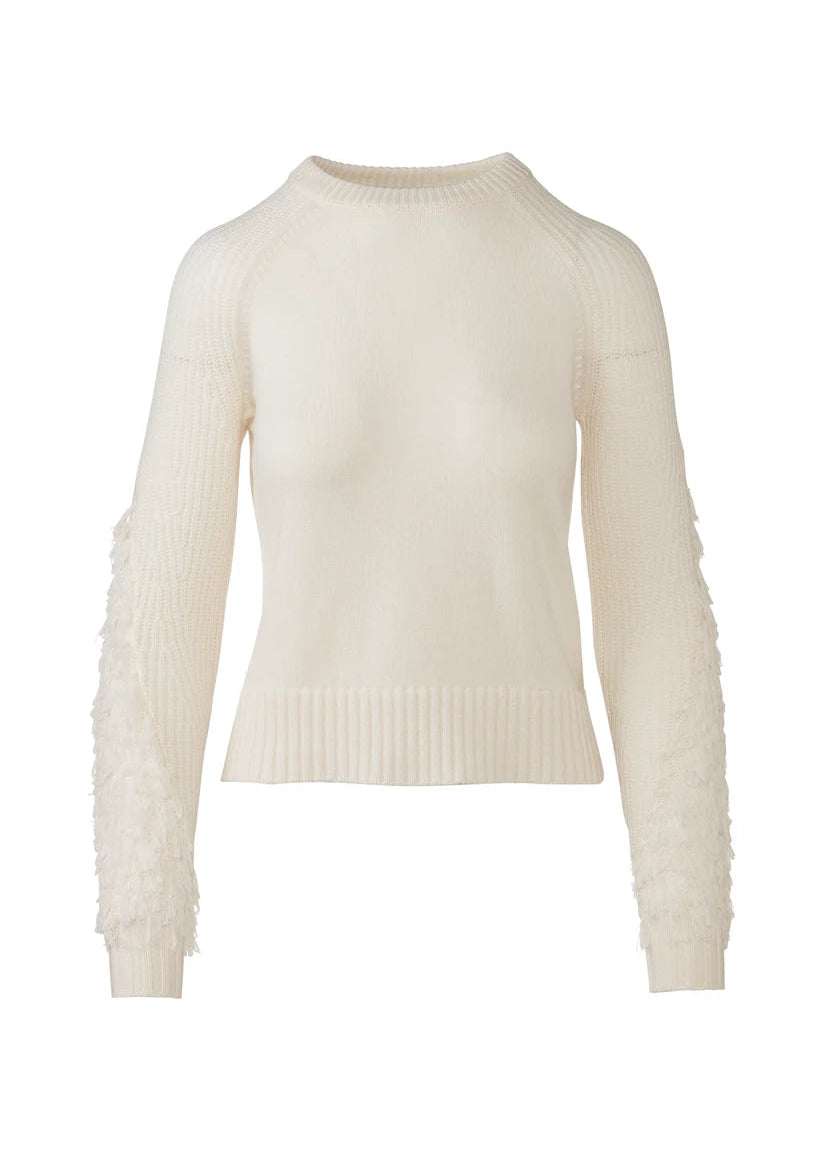 An off-white ribbed knit sweater with textured, fuzzy tassel-like sleeve embellishments, shown against a plain white background.