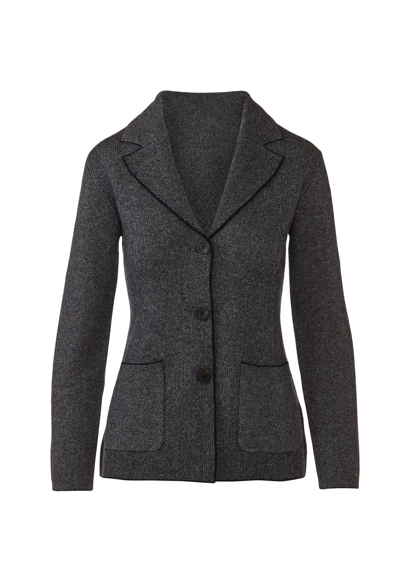 A dark gray textured knit blazer with notched lapels, three front buttons, and two front patch pockets, shown on a plain white background.