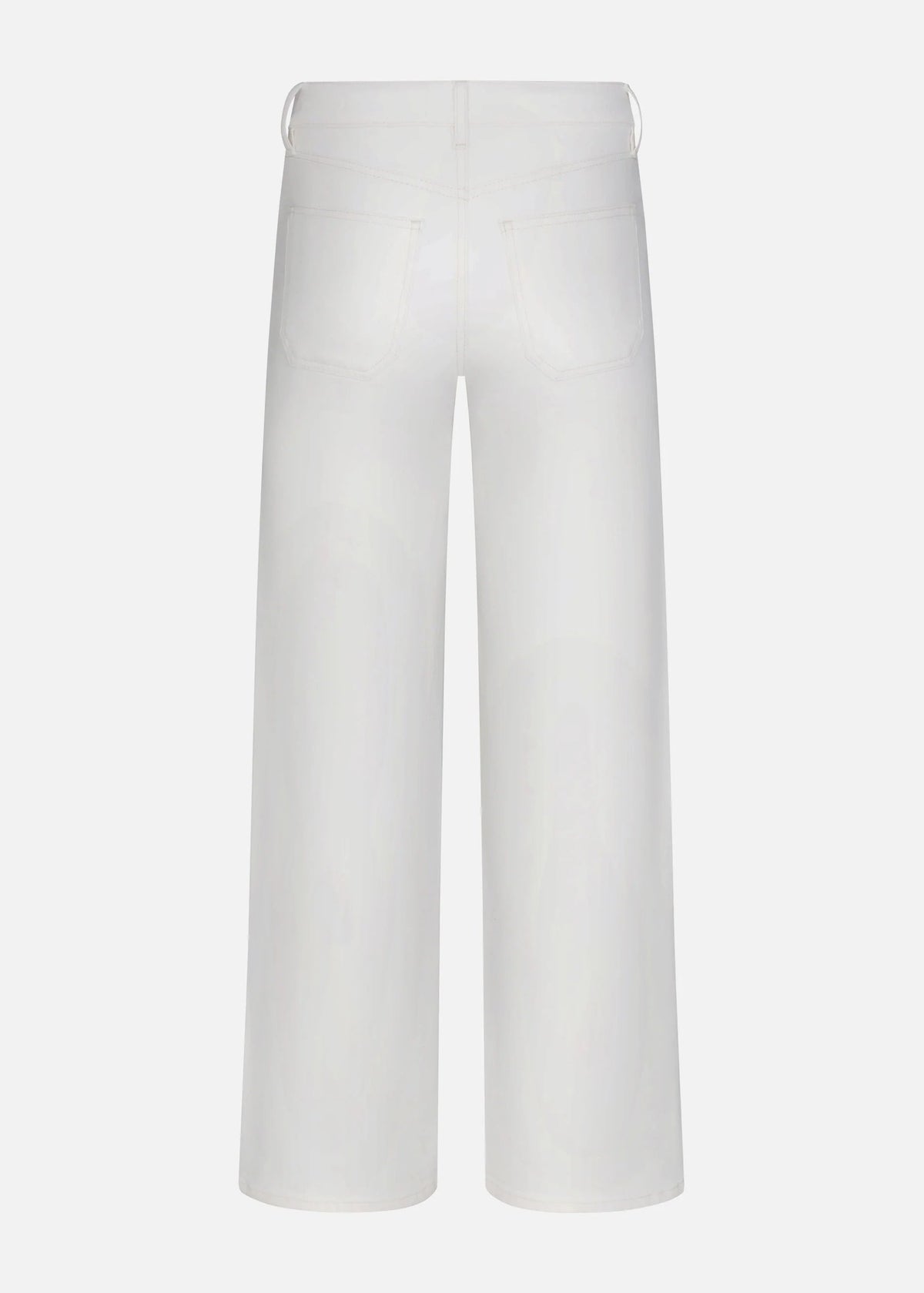 White wide-leg cropped pants shown from the back on a light gray background.