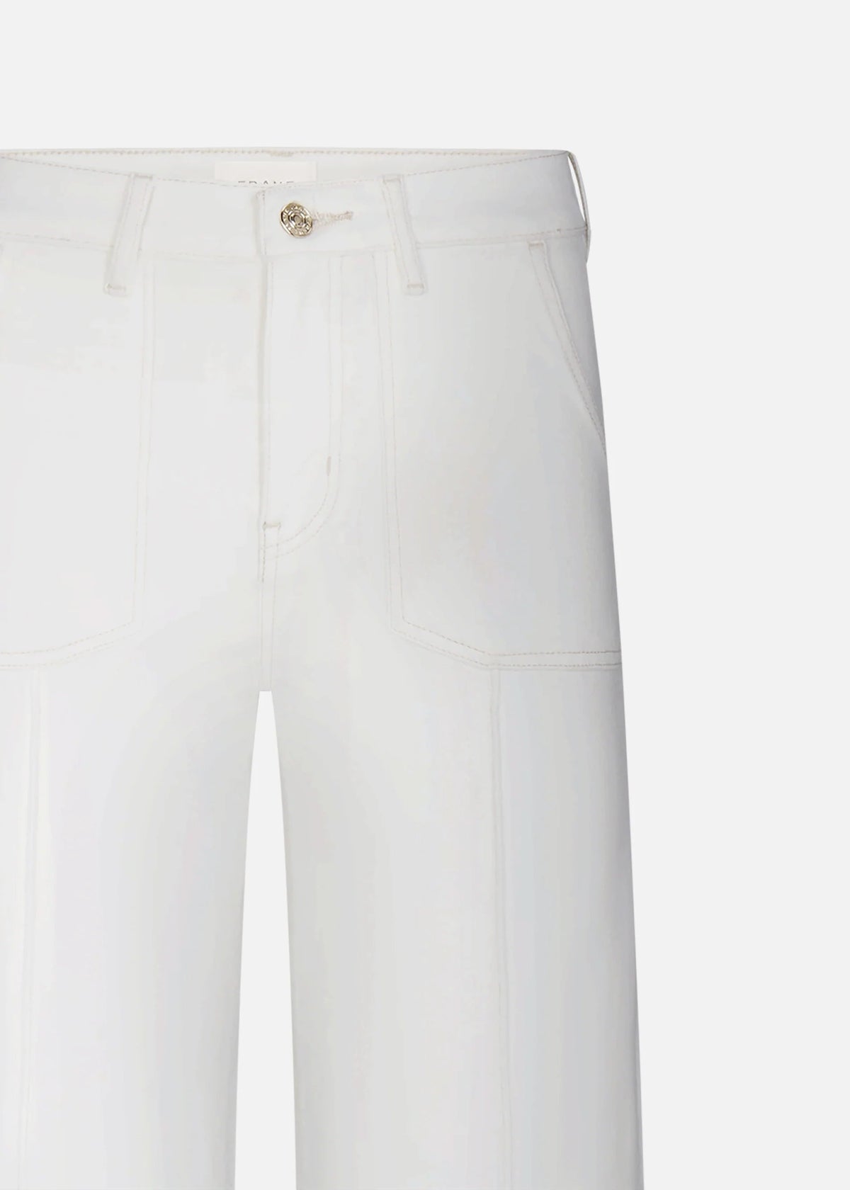 White high-waisted cropped trousers with a single gold-tone button closure at the waistband, shown on a light gray background.