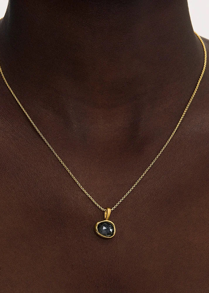 A delicate gold chain necklace with a small bezel-set dark gray stone pendant, displayed on a dark brown neck mannequin against a light gray background.