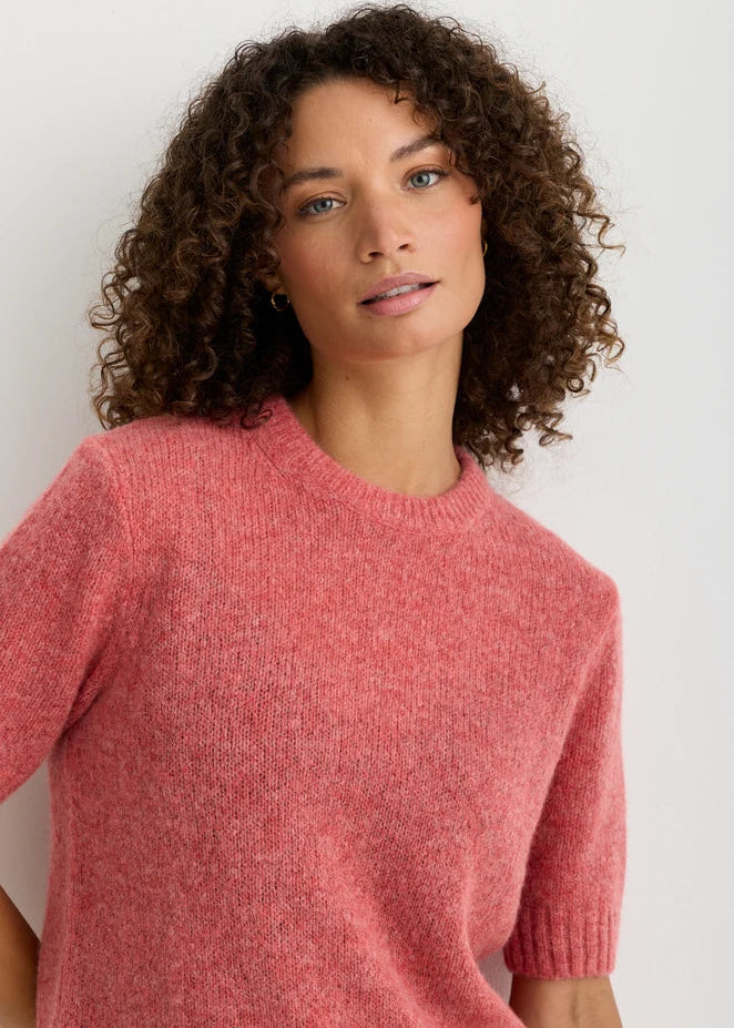 A woman with curly brown hair wearing a short-sleeve knit crewneck sweater in a heathered dusty rose pink, photographed against a plain light gray background.