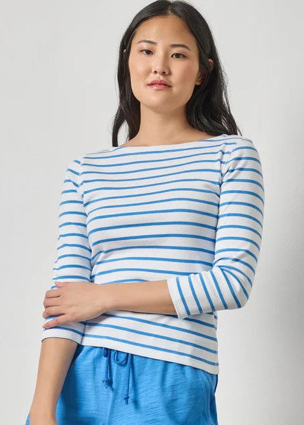 woman wearing blue and white striped shirt