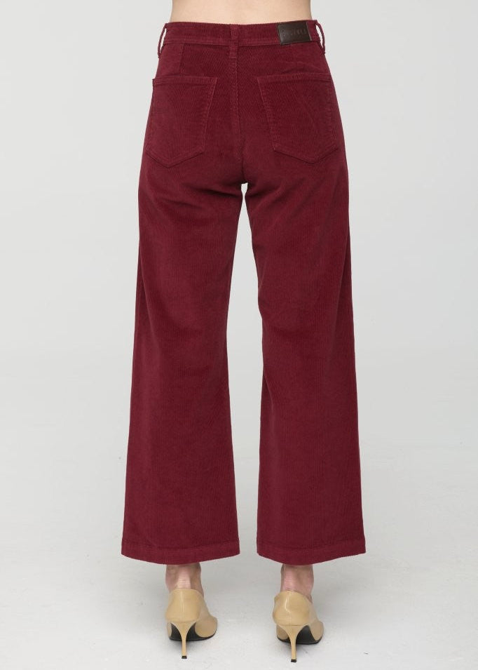 Maroon corduroy pants on a white background