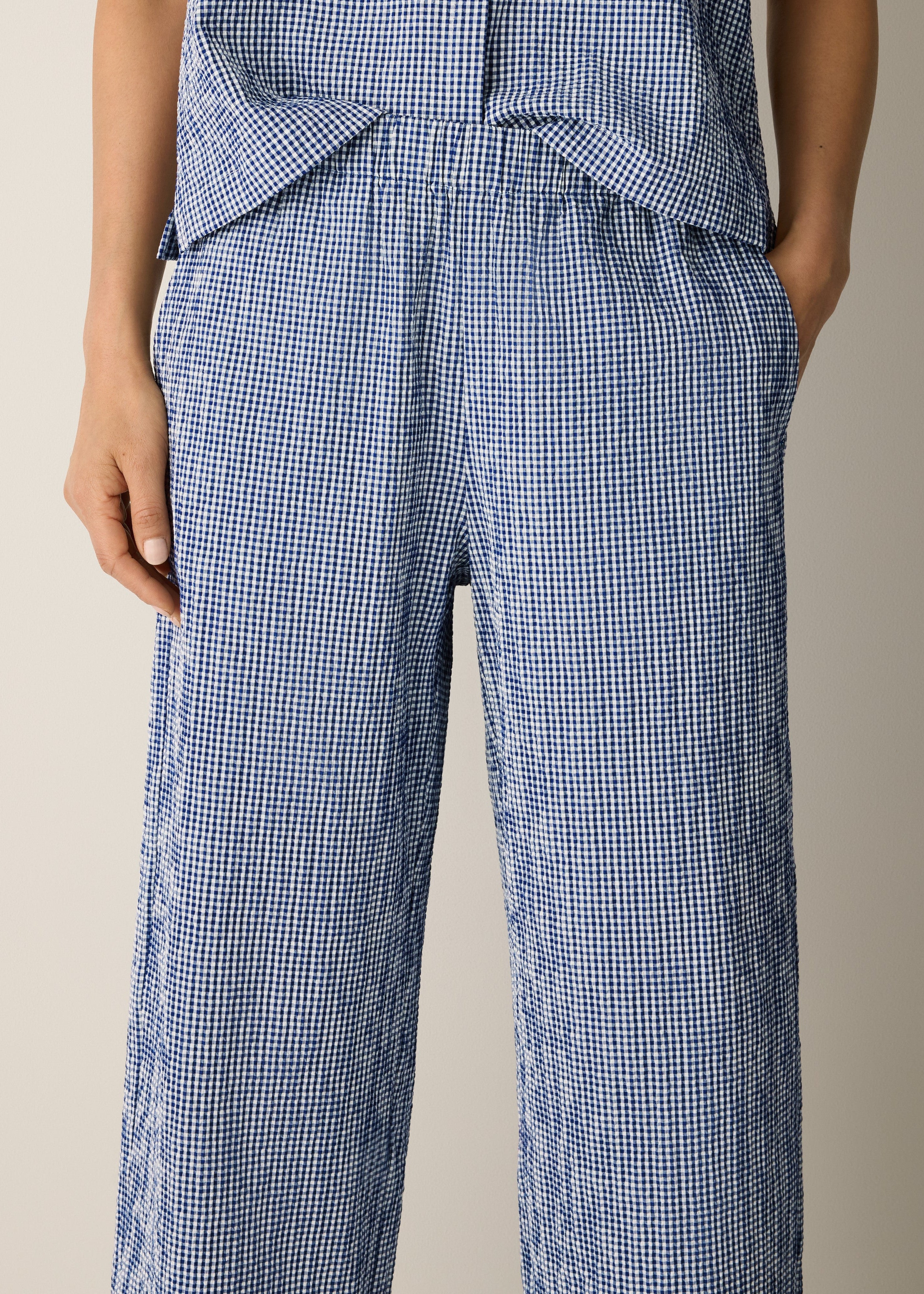 Organic Cotton Pucker Check Wide-Leg Pant