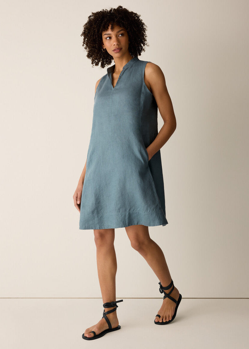Organic Linen Split Neck Dress - Nile Organic Linen Split Neck Dress - Nile