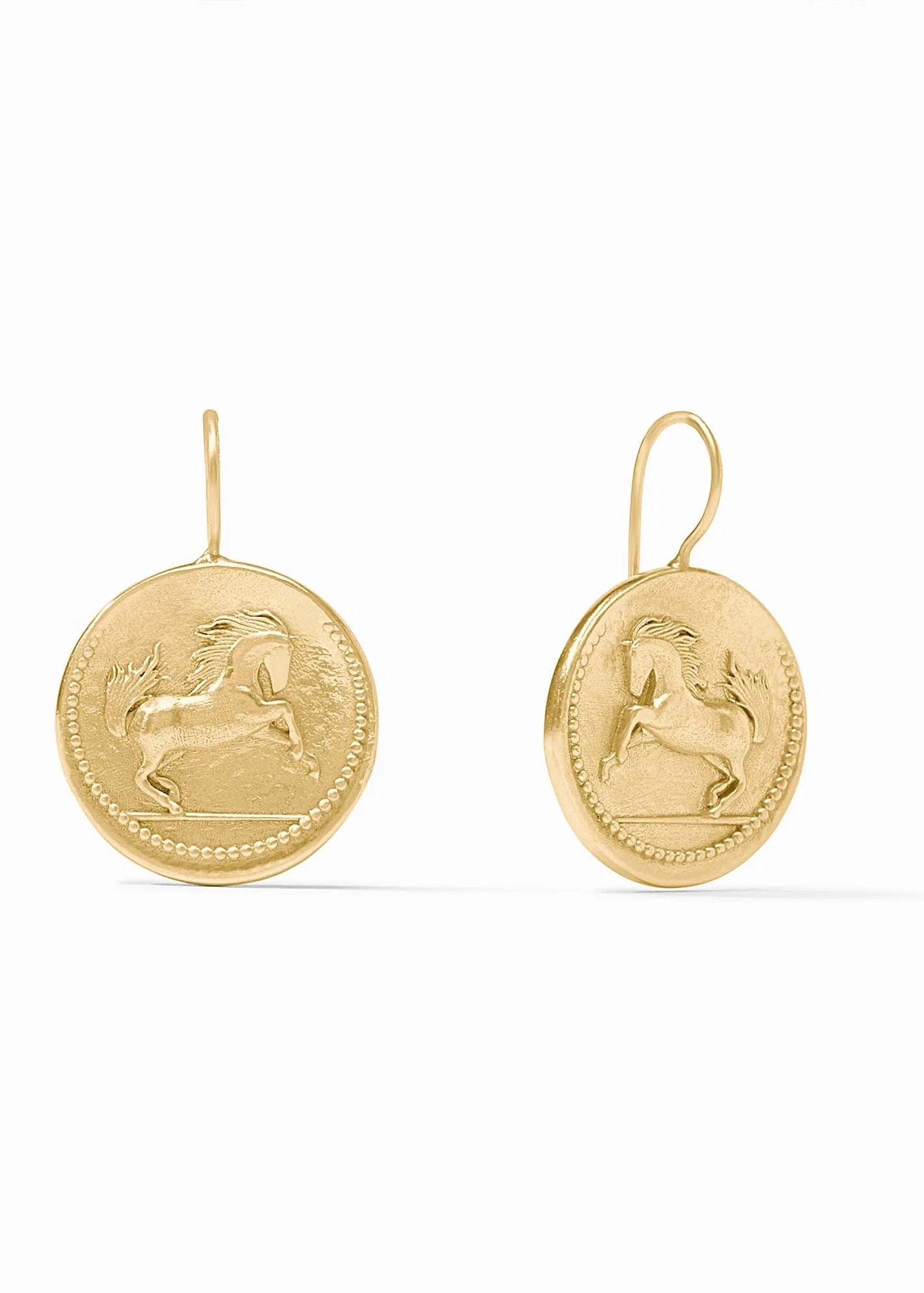 Gold earrings with horse design on a white background