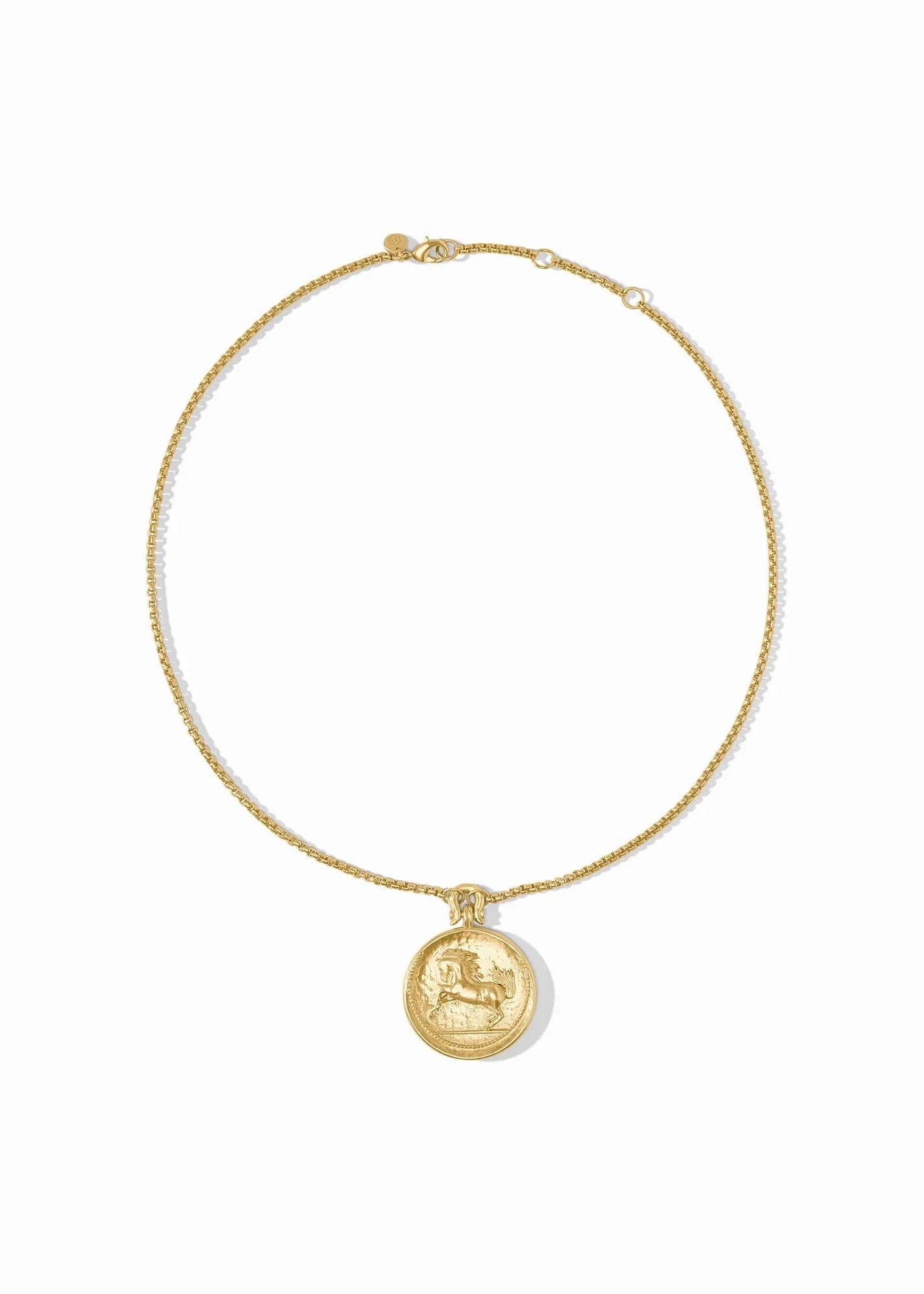 Gold necklace with a round pendant on a white background