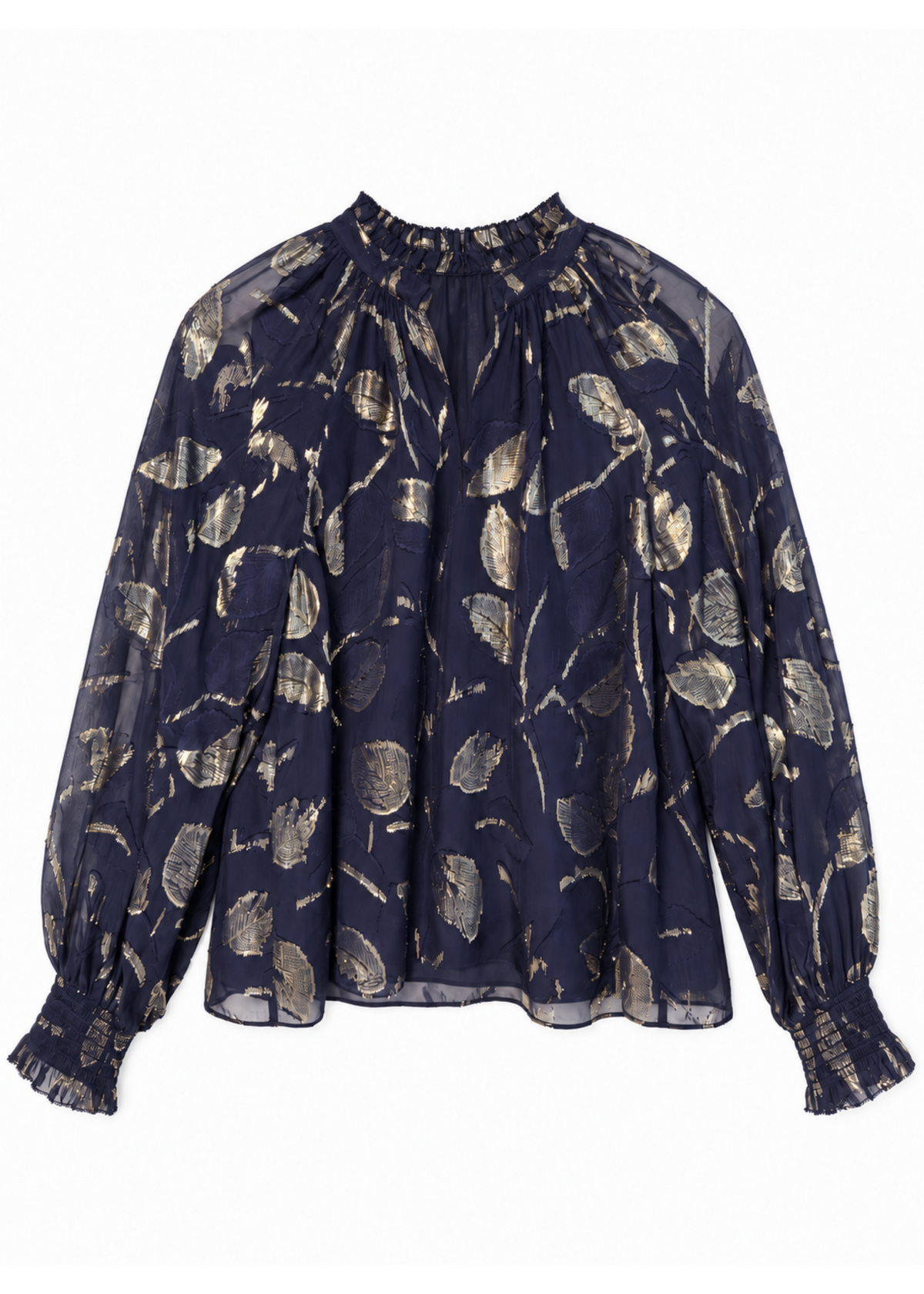 A navy blue sheer long-sleeve blouse with a metallic gold leaf pattern, featuring a gathered high neckline and ruffled cuffs, displayed against a plain white background.