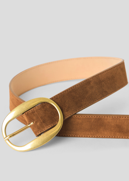 A brown suede belt with a large, polished gold-tone oval buckle, coiled on a light gray background.