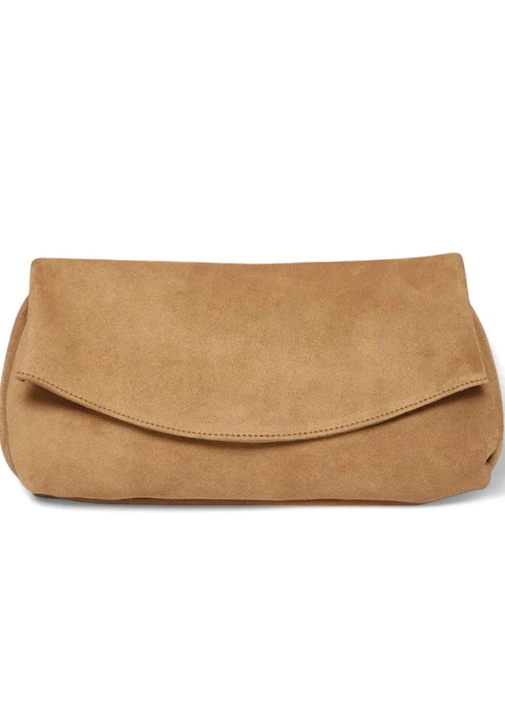 Brown suede clutch bag on a white background