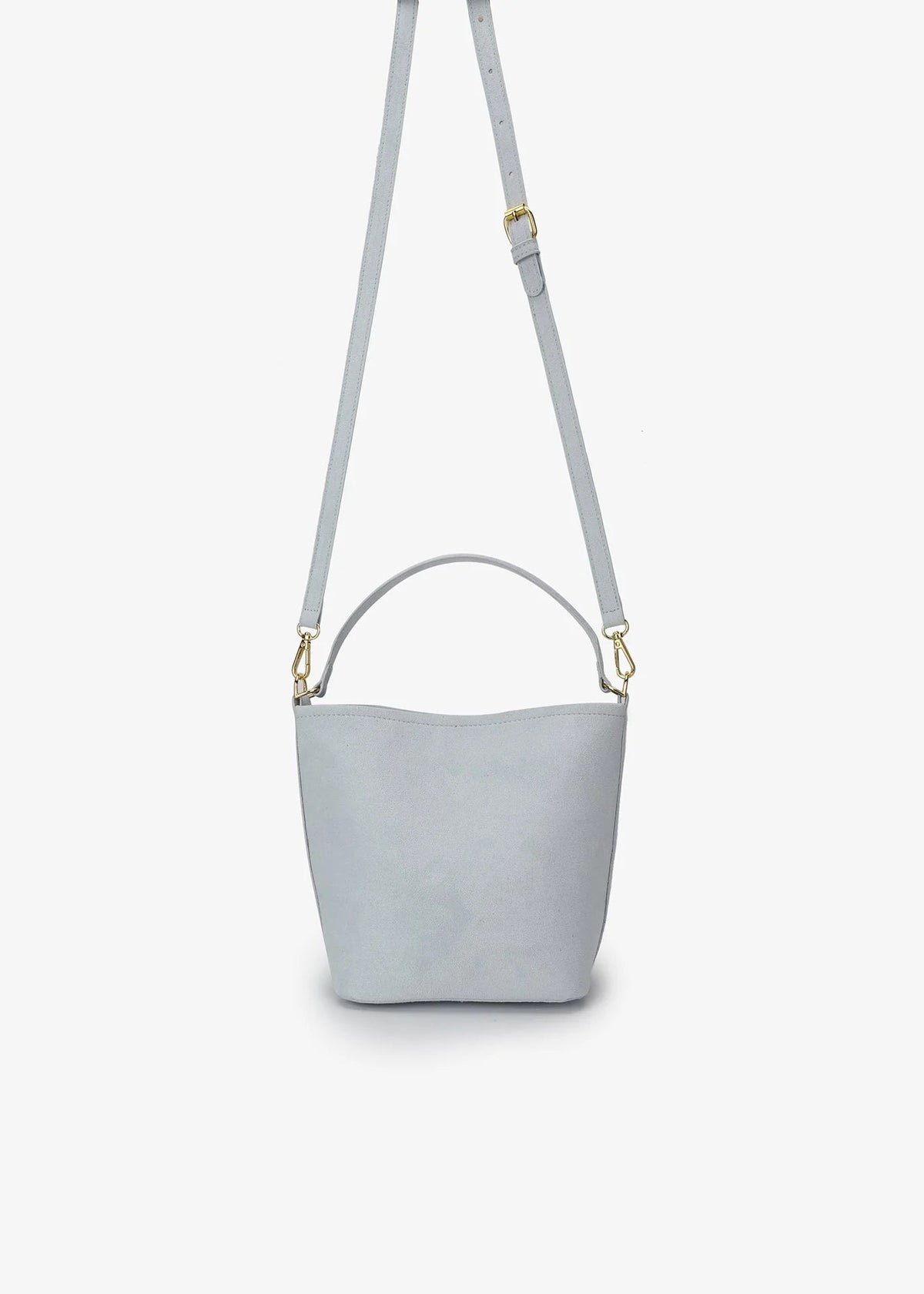 Light gray handbag with a strap on a white background
